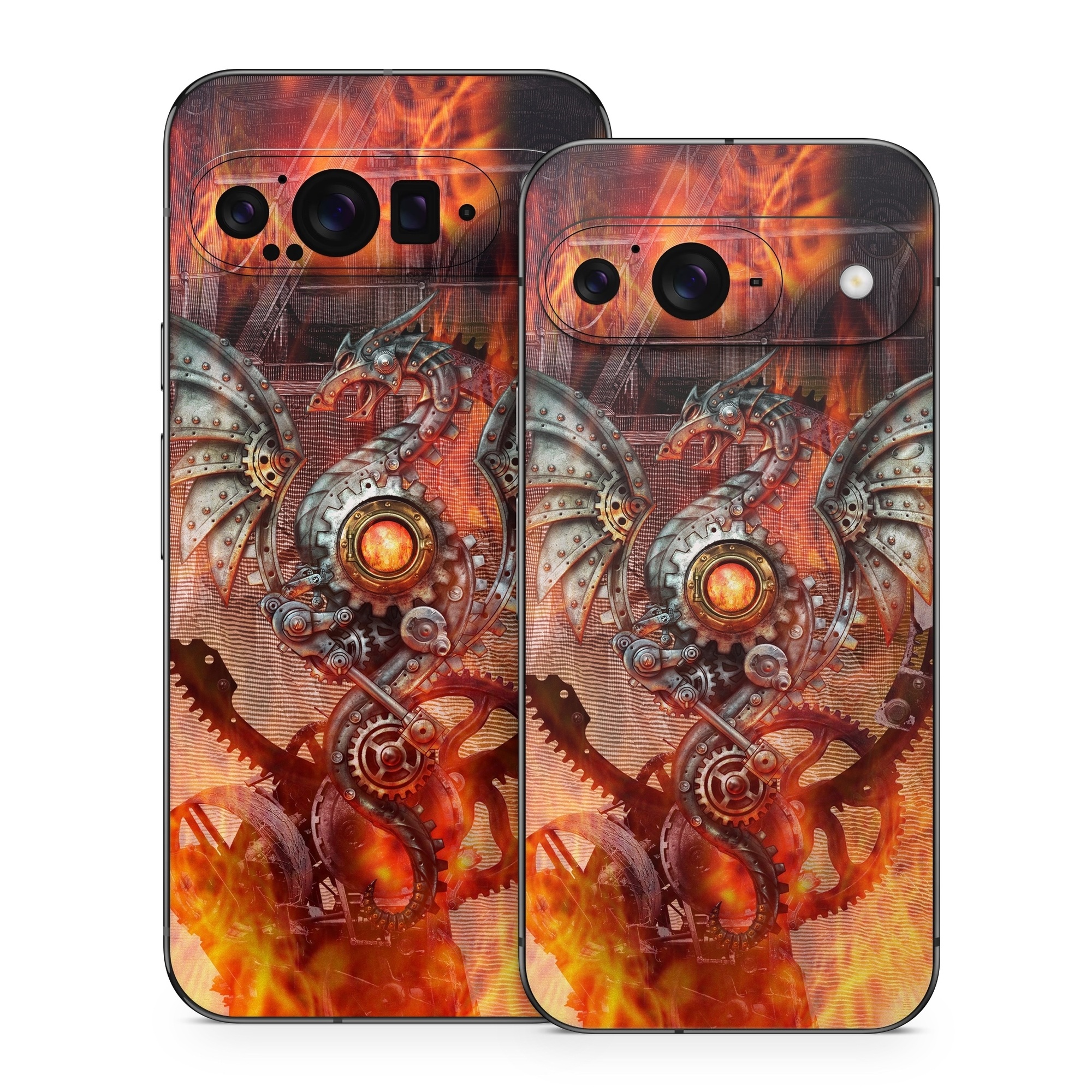 Google Pixel 9 Series Skin design of Dragon, Demon, Cg artwork, Illustration, Fictional character, Fractal art, Flame, Art, Mythology, Supernatural creature, with red, black, orange, pink, green colors