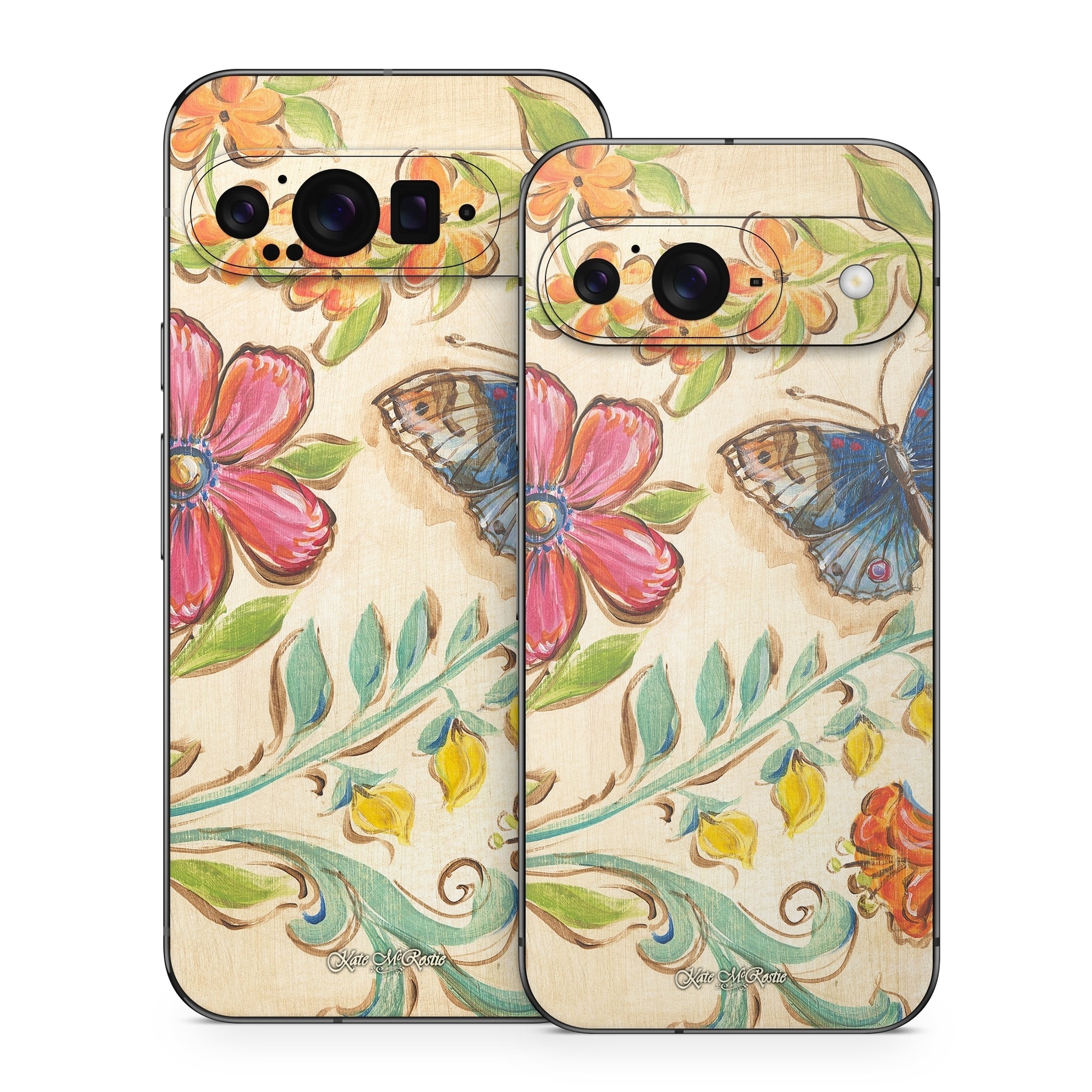Google Pixel 9 Series Skin design of Butterfly, Moths and butterflies, Insect, Pollinator, Plant, Pattern, Watercolor paint, Wildflower, Visual arts, Brush-footed butterfly, with gray, pink, green, red, orange, blue colors