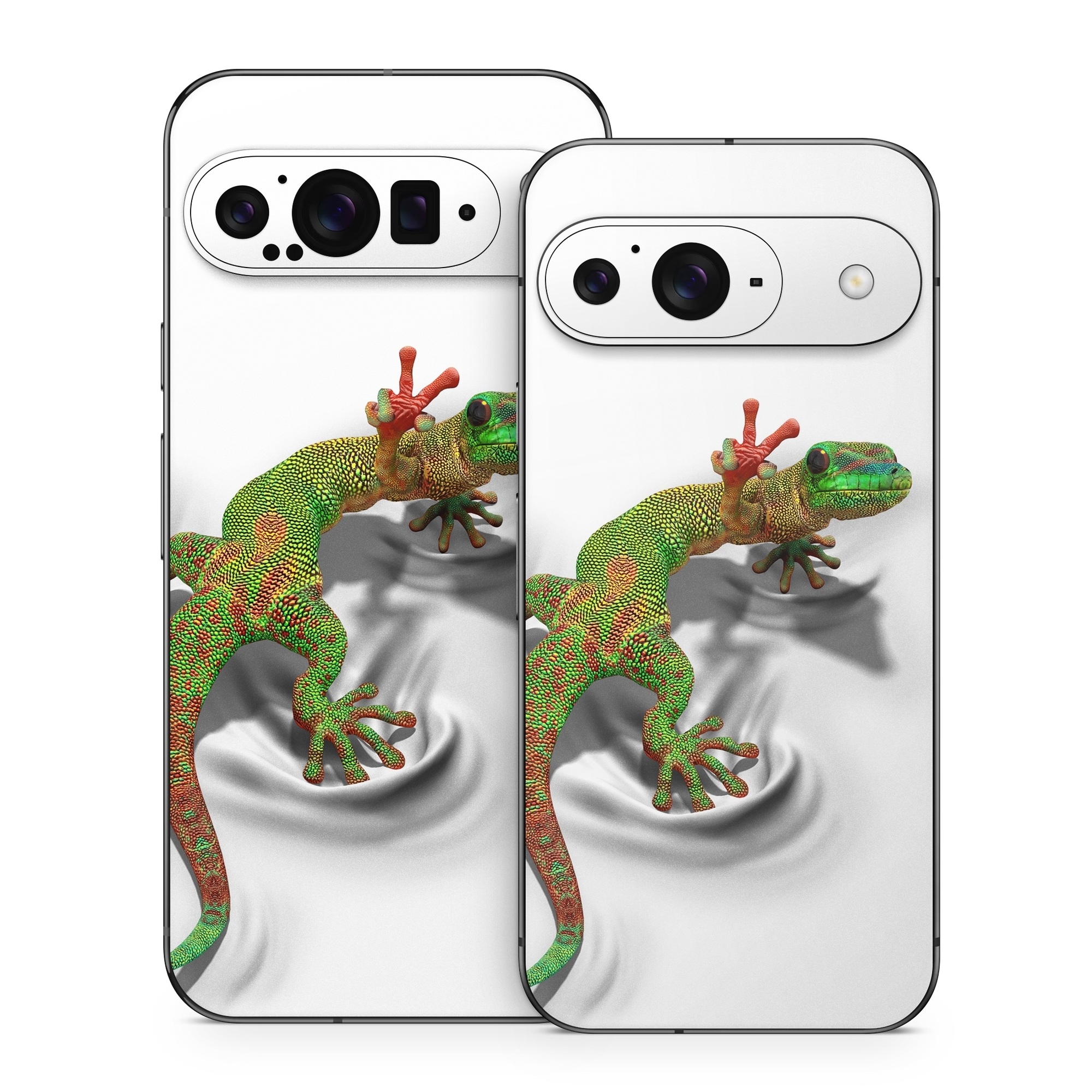 Google Pixel 9 Series Skin design of Lizard, Reptile, Gecko, Scaled reptile, Green, Iguania, Animal figure, Wall lizard, Fictional character, Iguanidae, with white, gray, black, red, green colors