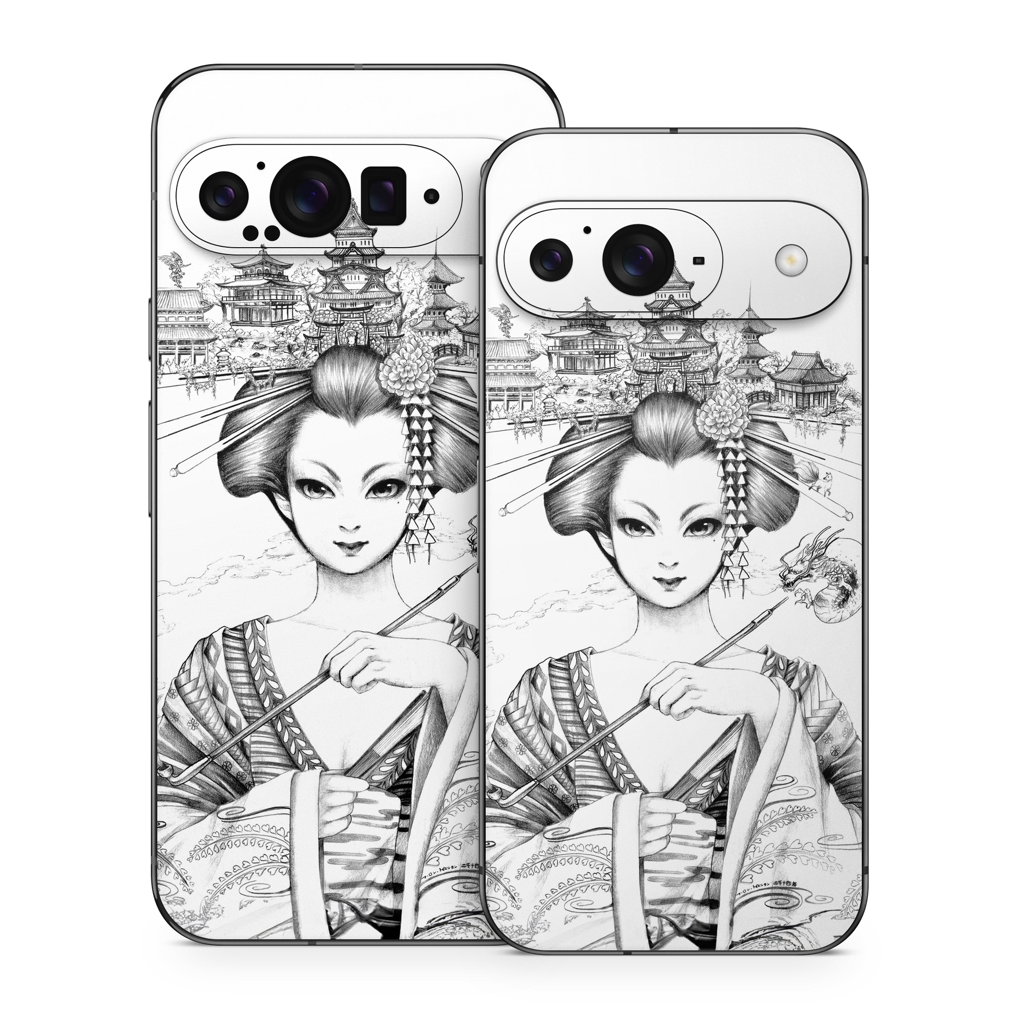 Google Pixel 9 Series Skin design of Illustration, Head, Hairstyle, Line art, Art, Fashion illustration, Drawing, Coloring book, Black-and-white, Clip art, with black, white, gray colors