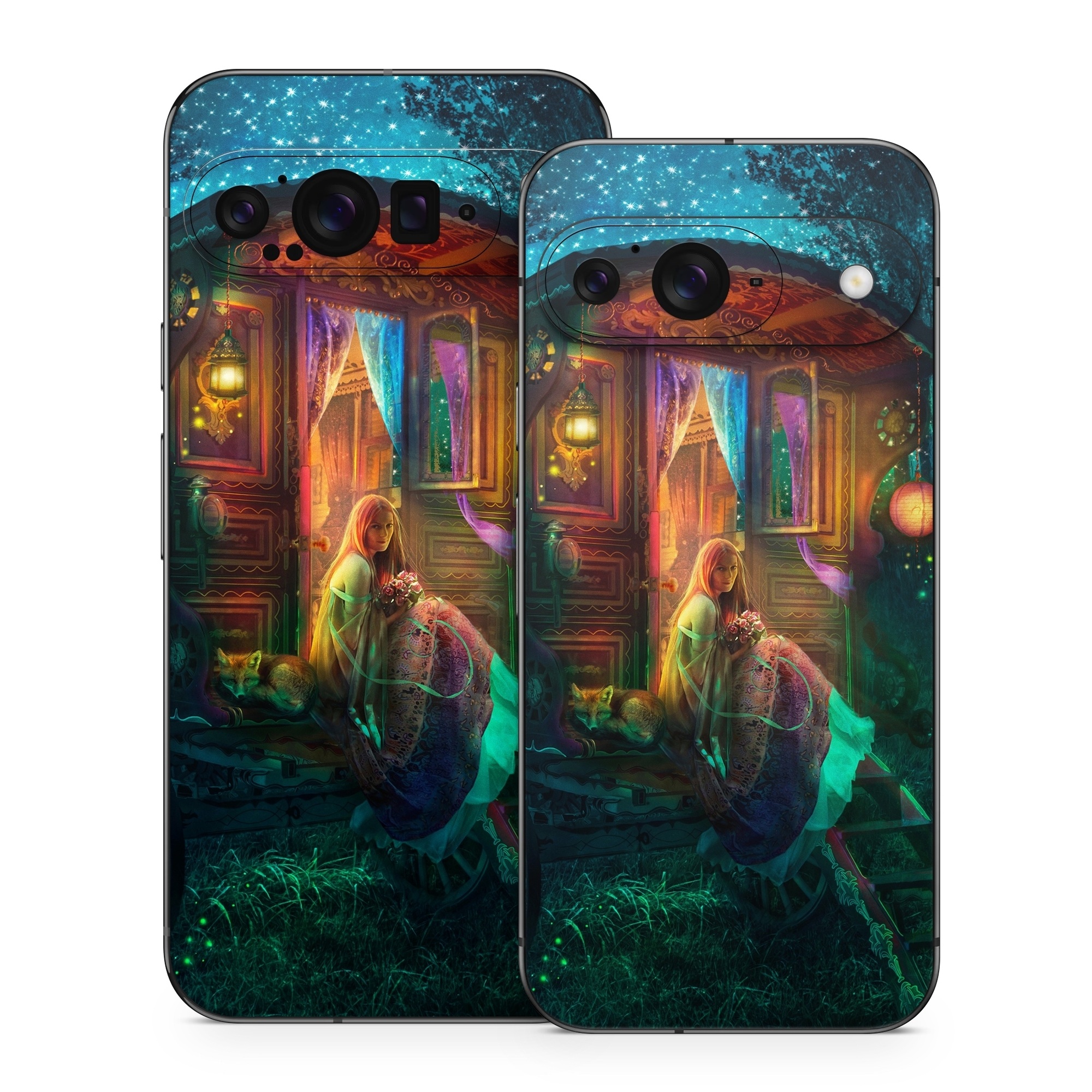 Google Pixel 9 Series Skin design of Illustration, Adventure game, Darkness, Art, Digital compositing, Fictional character, Games, with black, red, blue, green colors