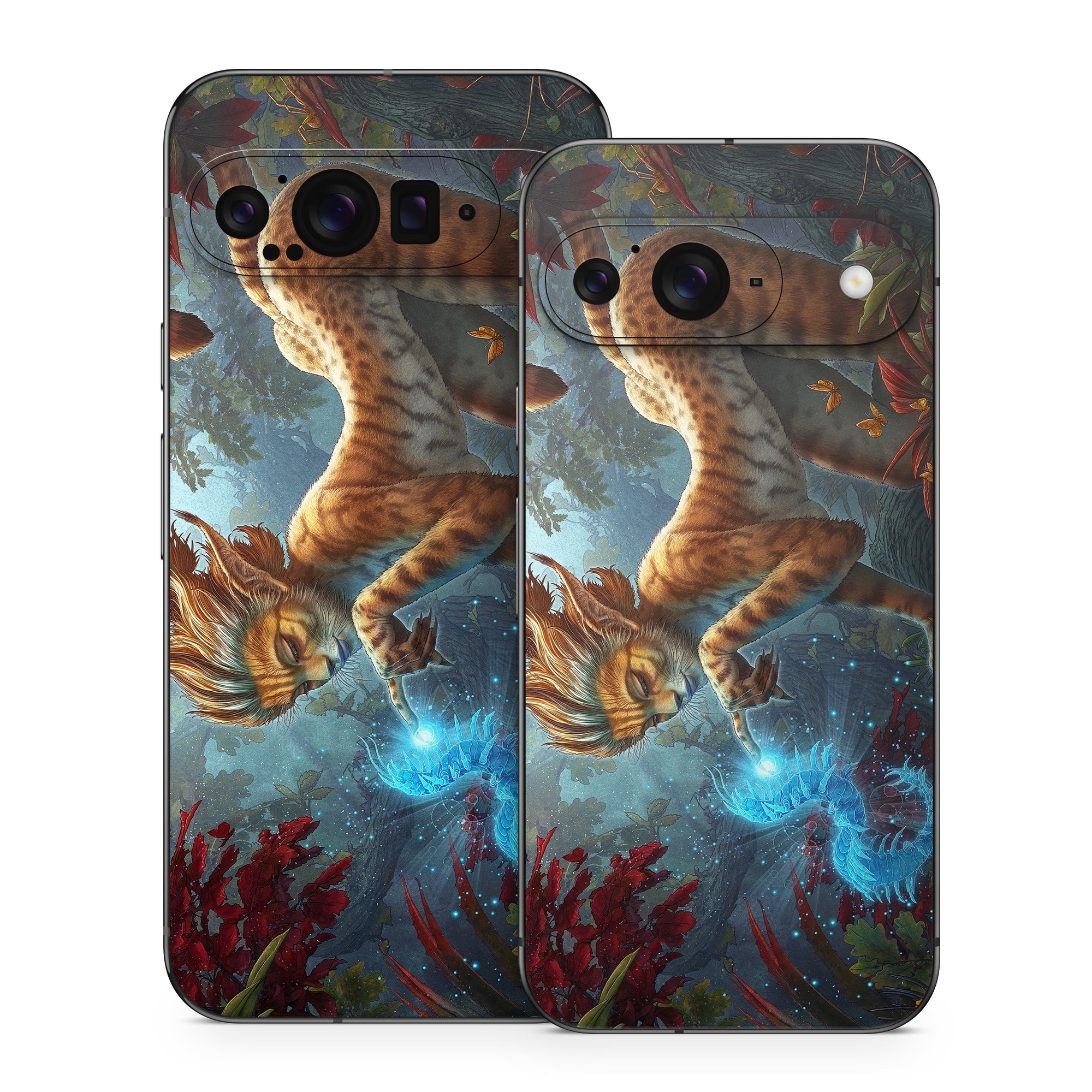 Google Pixel 9 Series Skin design of Fictional character, Mythology, Illustration, Cg artwork, Sky, Organism, Dragon, Felidae, Mythical creature, Art, with yellow, red, black, green, blue colors