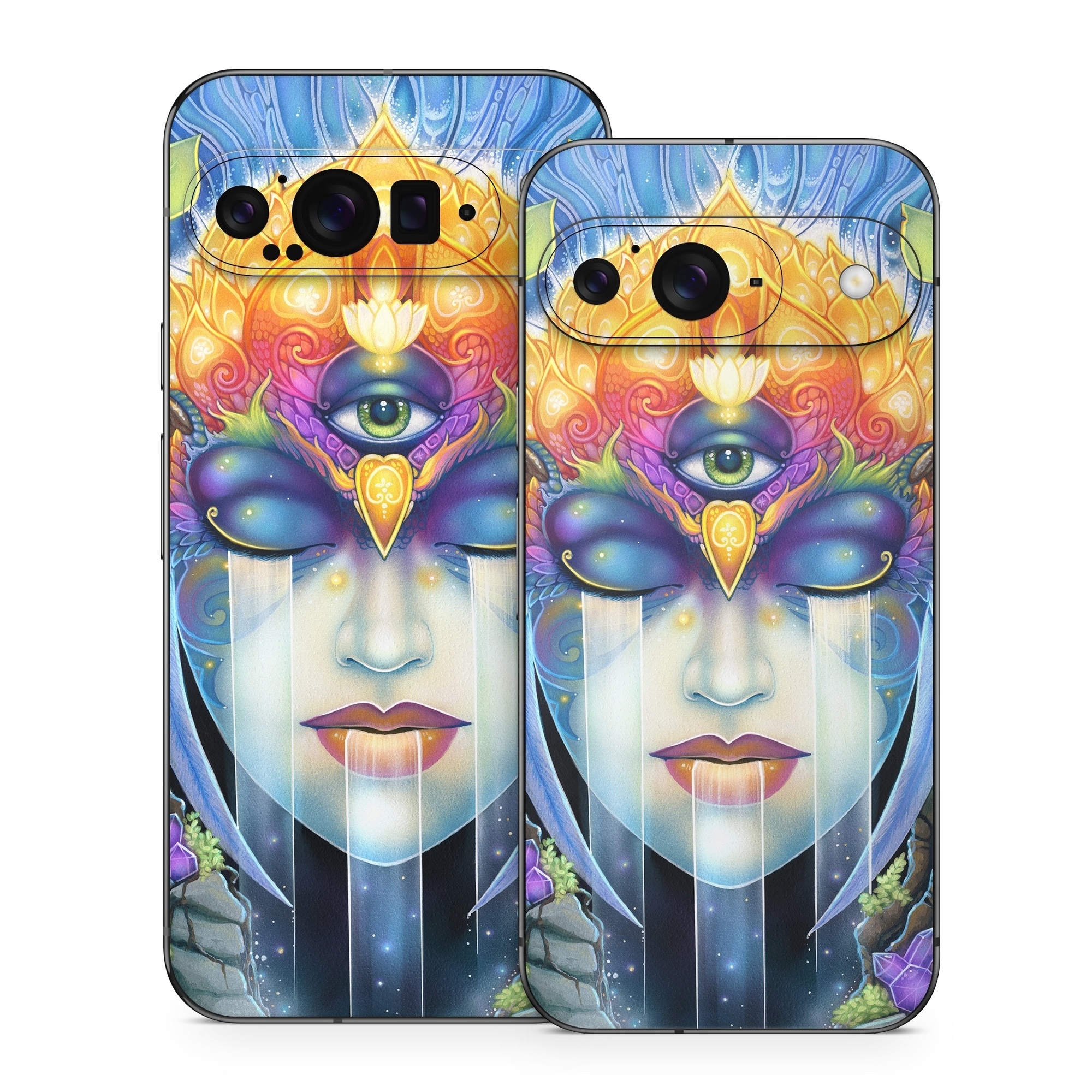 Google Pixel 9 Series Skin design of Art paint, Paint, Painting, Art, Illustration, Fictional character, Symmetry, Cg artwork, Visual arts, Electric blue, with blue, yellow, orange, red, purple, blue, green, brown, gray colors