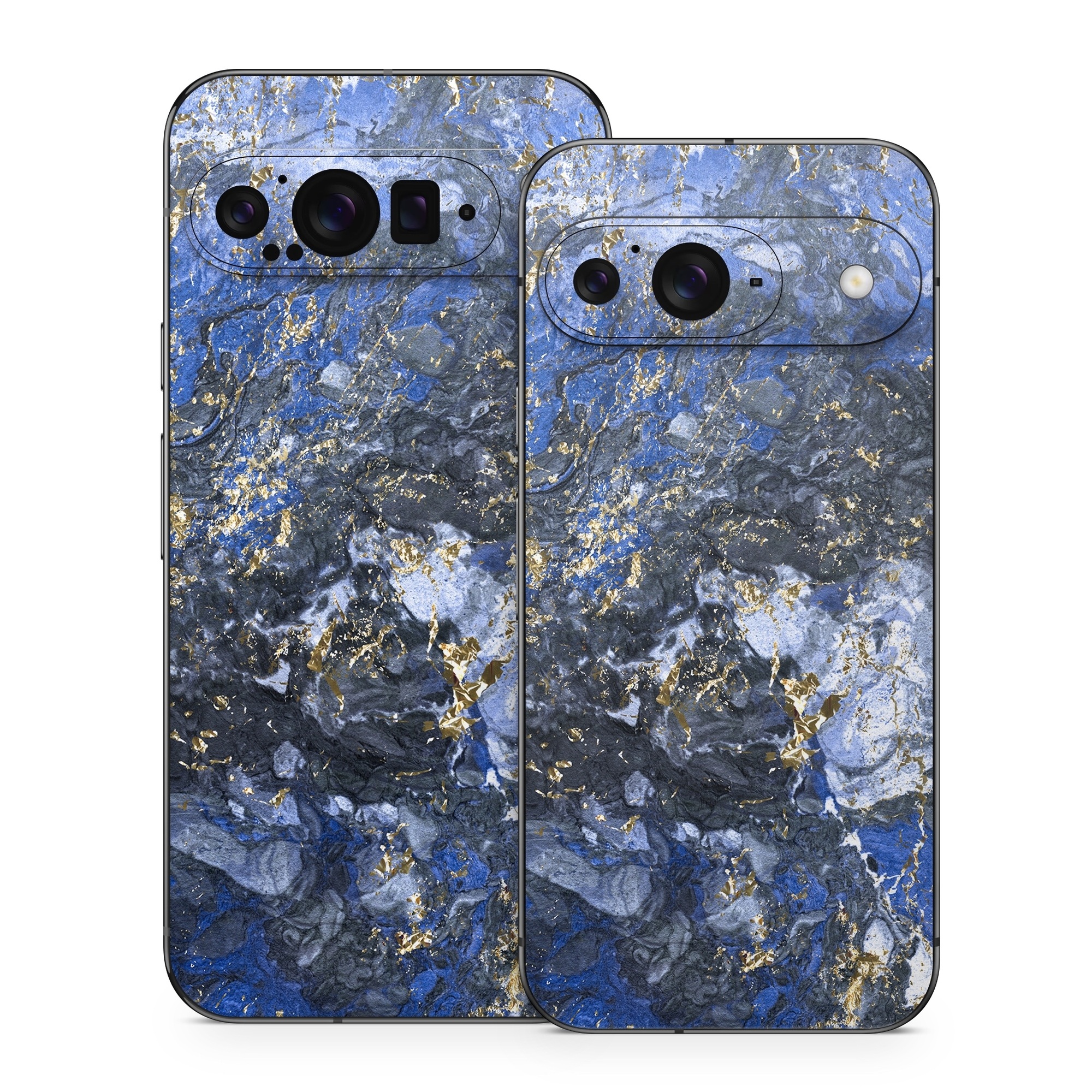 Google Pixel 9 Series Skin design of Blue, Water, Cobalt blue, Rock, Painting, Geology, Electric blue, Mineral, Pattern, Acrylic paint, with black, blue, yellow, white, gray colors