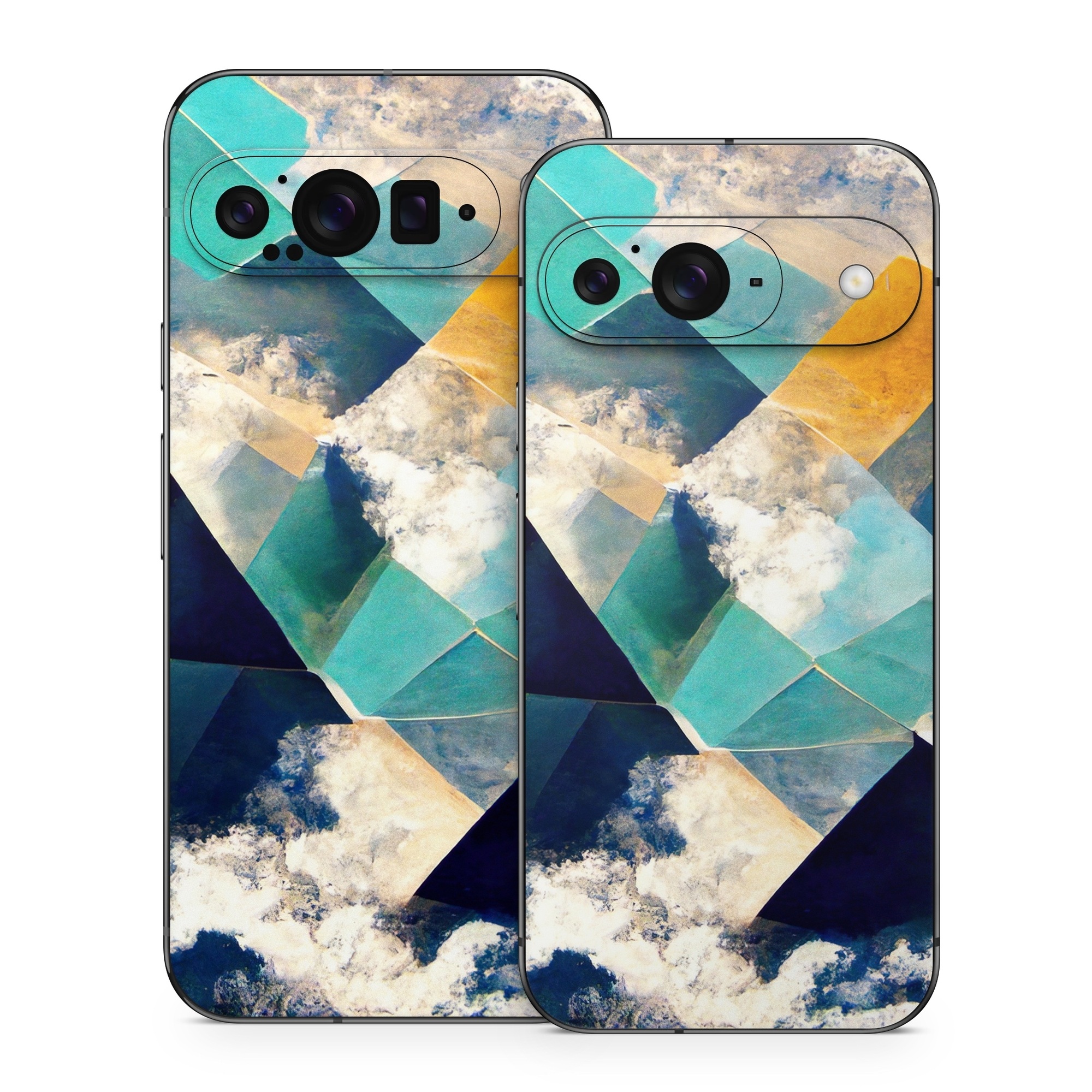 Google Pixel 9 Series Skin design of Daytime, World, Nature, Blue, Azure, Green, Triangle, Rectangle, Architecture, Art, with blue, yellow, white, green colors
