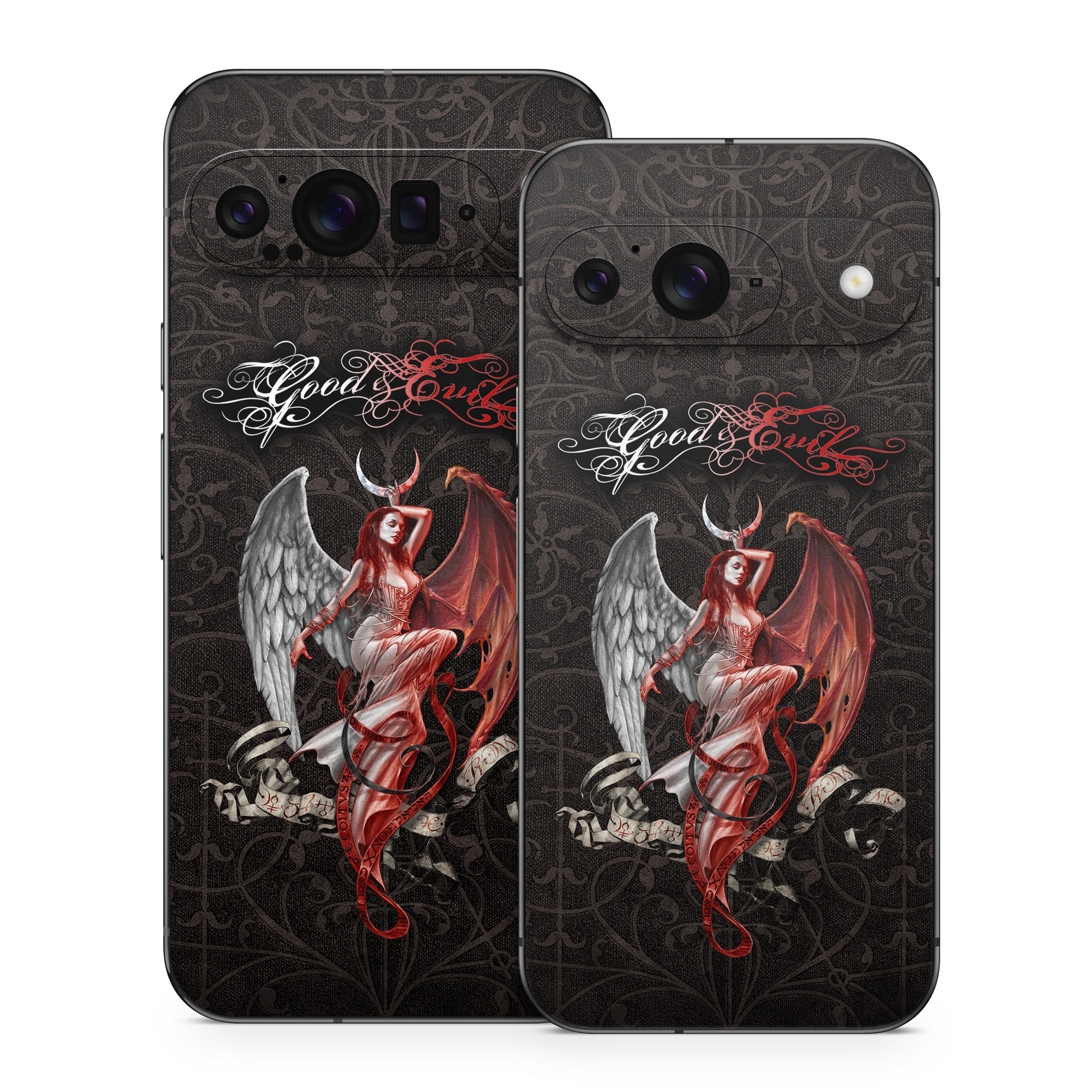 Google Pixel 9 Series Skin design of Illustration, Fictional character, Graphic design, Supernatural creature, Demon, Cg artwork, Art, Mythology, Angel, Wing, with black, white, red colors