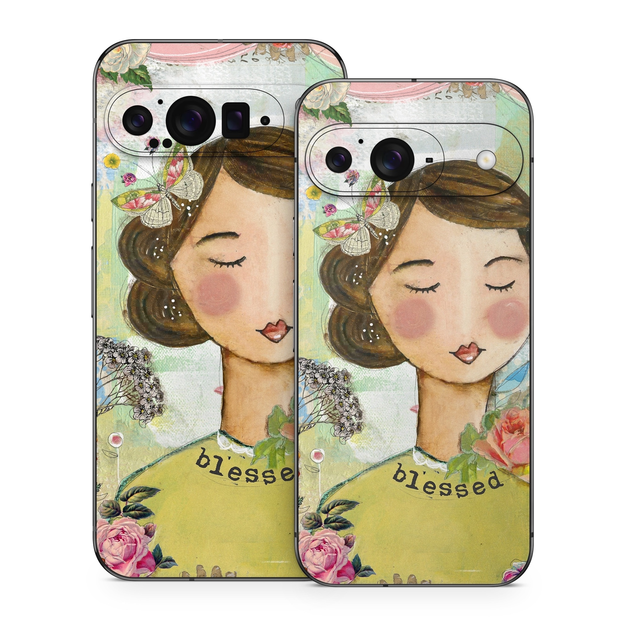 Google Pixel 9 Series Skin design of Illustration, Cheek, Art, Watercolor paint, Retro style, Painting, Plant, Flower, Fashion illustration, Fictional character, with pink, green, yellow, white, red, blue colors