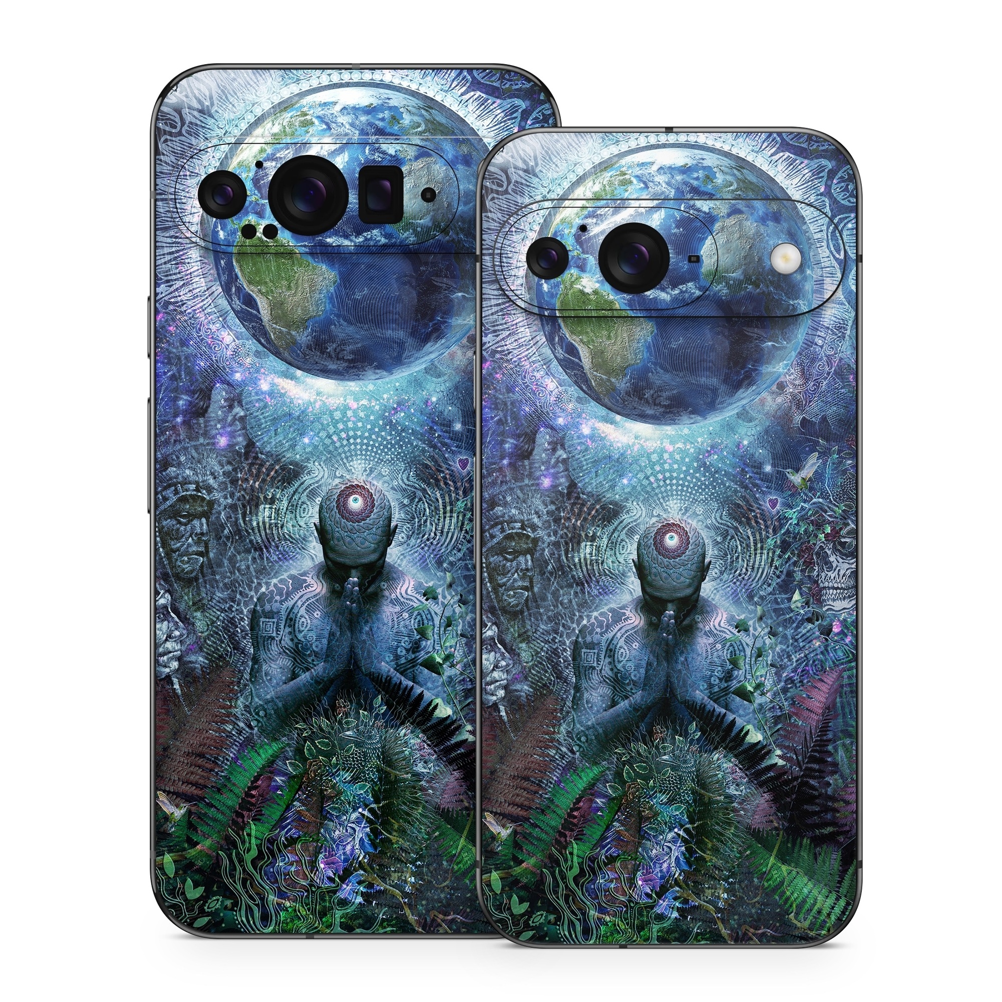 Google Pixel 9 Series Skin design of Psychedelic art, Fractal art, Art, Space, Organism, Earth, Sphere, Graphic design, Circle, Graphics, with blue, green, gray, purple, pink, black, white colors