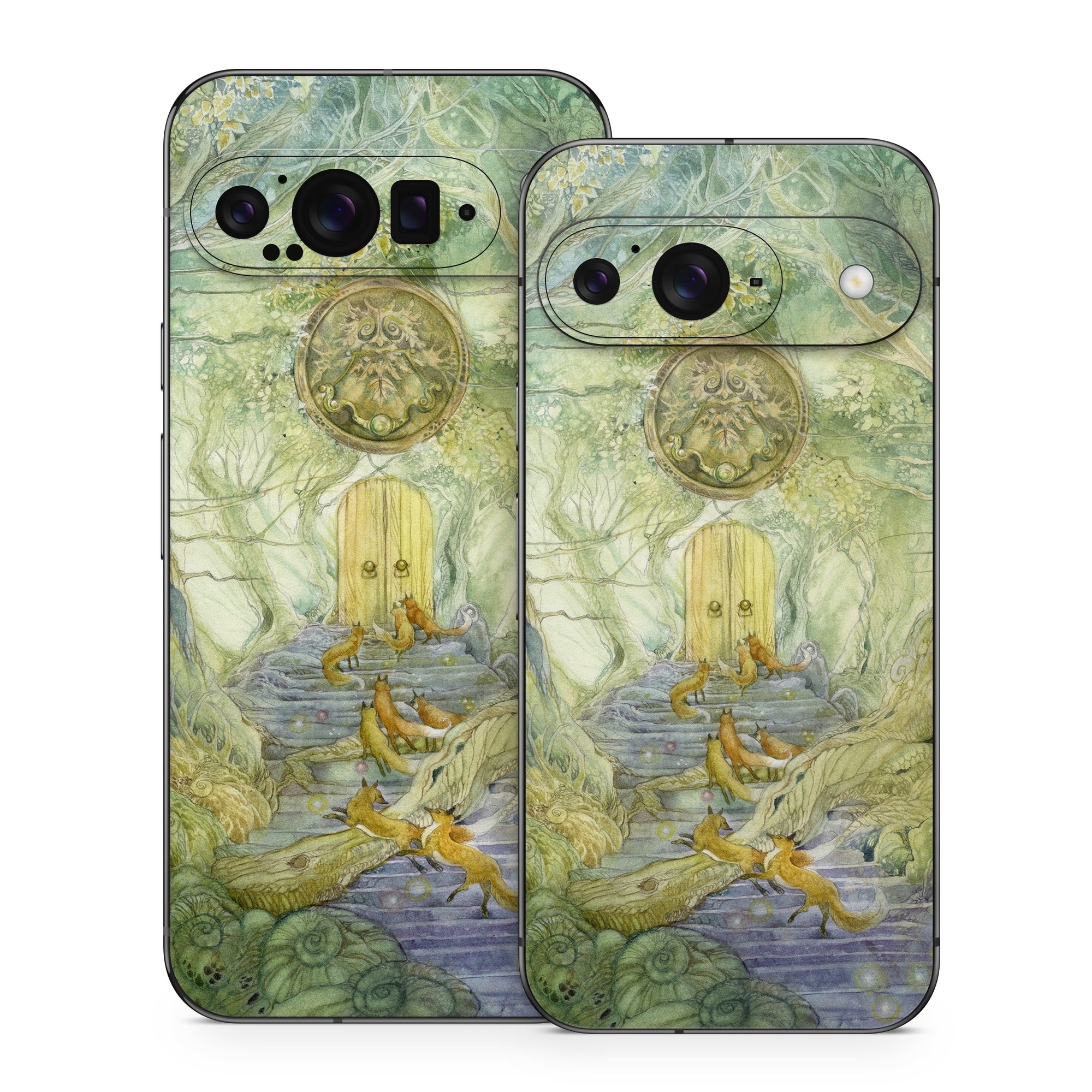 Google Pixel 9 Series Skin design of Painting, Art, Mythology, Visual arts, Watercolor paint, Organism, Fictional character, Modern art, Landscape, Acrylic paint, with green, brown, red, yellow, blue, purple colors