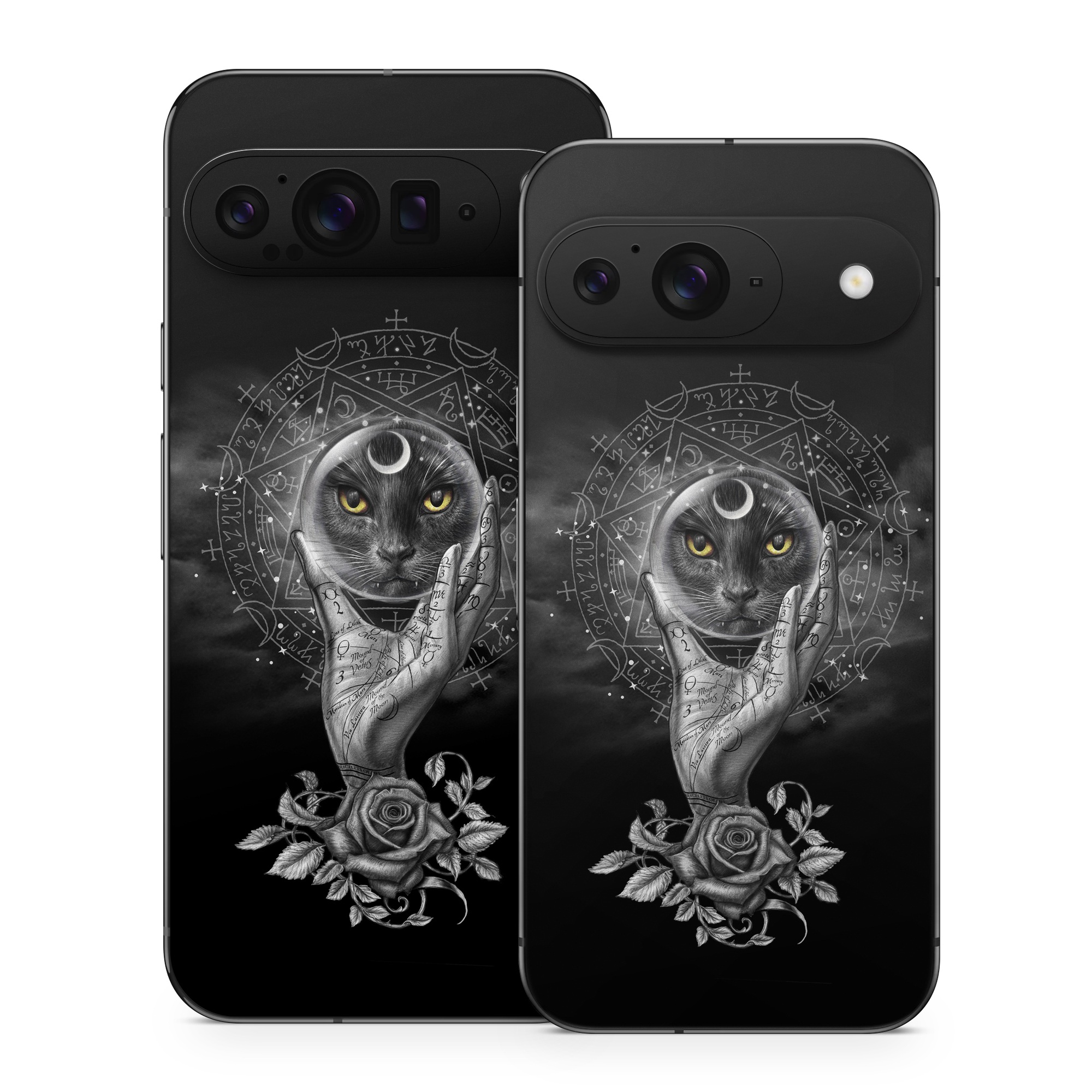 Google Pixel 9 Series Skin design of Head, Eye, Flash photography, Painting, Headgear, Art, Font, Snout, Darkness, Owl, with black, white, gray colors