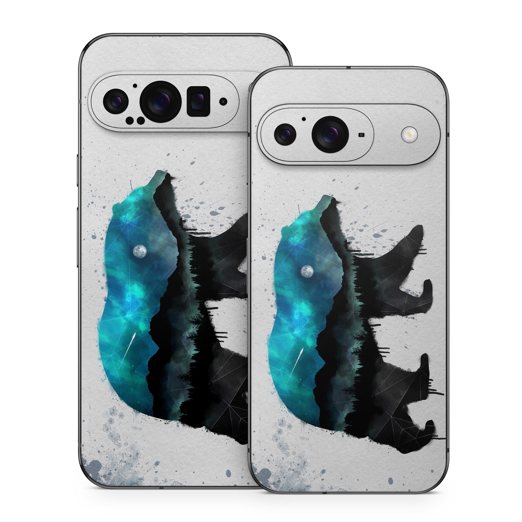Google Pixel 9 Series Skin design of Bear, Illustration, Grizzly bear, Art, Watercolor paint, Snout, Carnivore, Graphic design, Space, Polar bear, with gray, black, white, green, blue colors