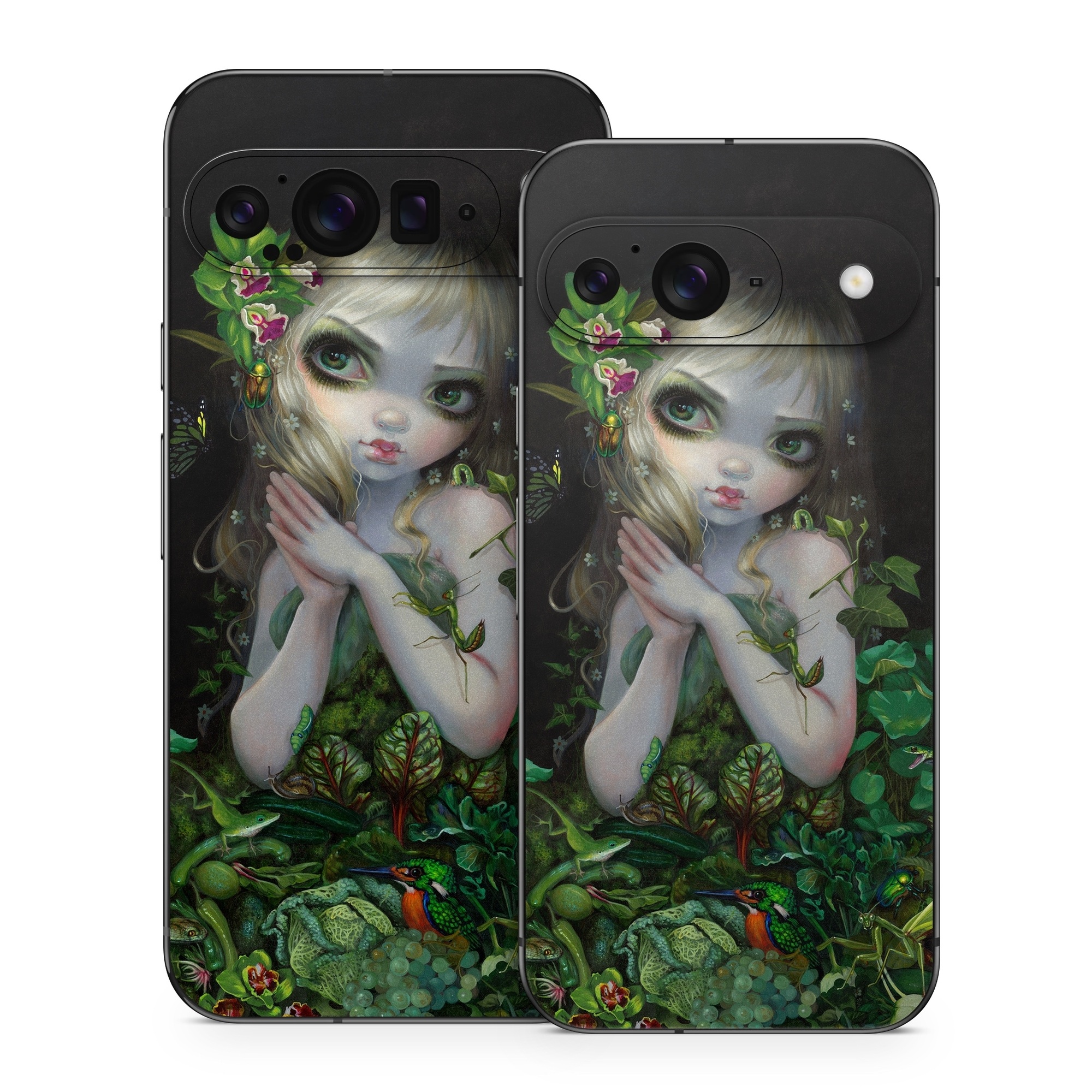 Google Pixel 9 Series Skin design of Green, Doll, Fictional character, Lip, Plant, Supervillain, Flower, Illustration, Ivy, Fawn, with black, white, green, red colors