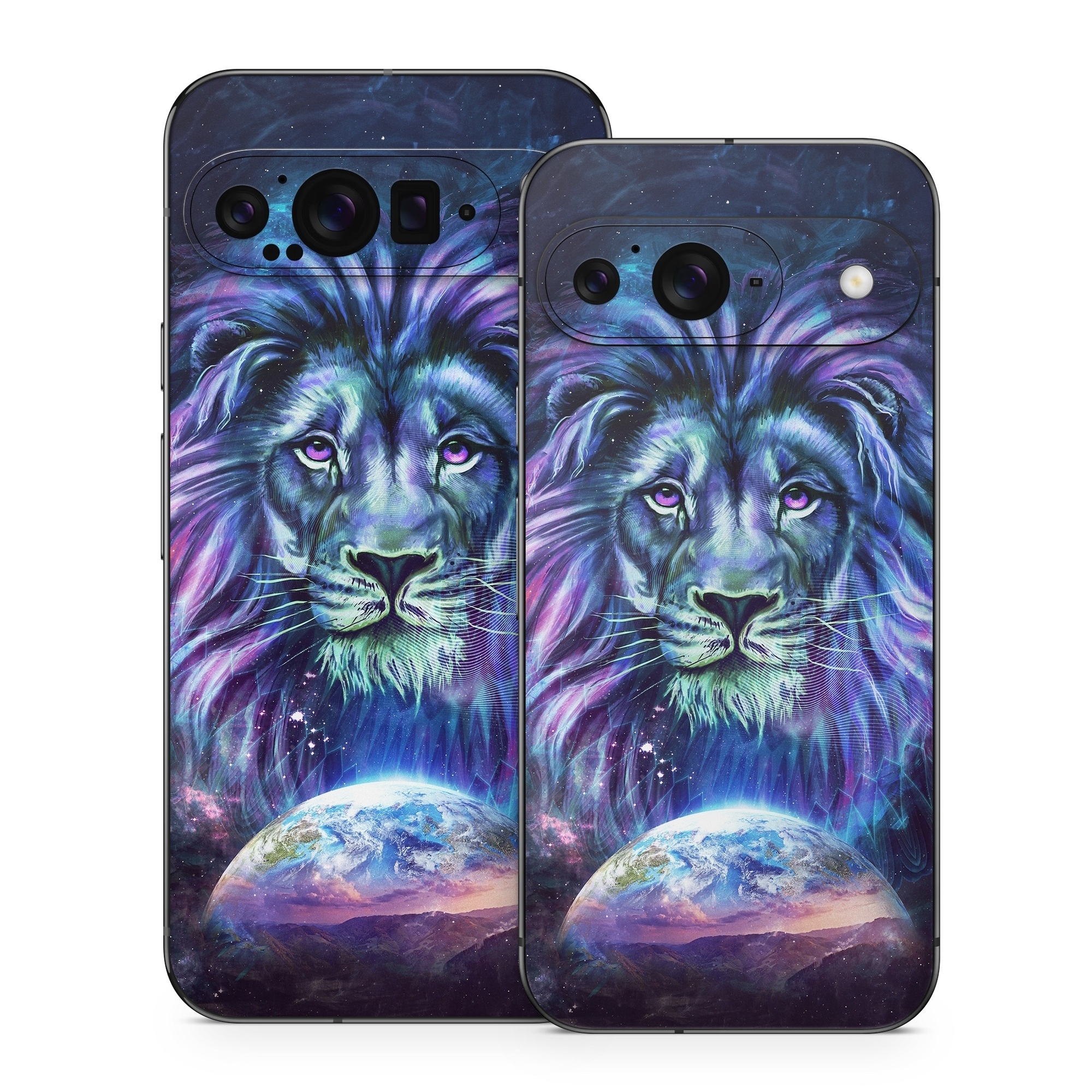 Google Pixel 9 Series Skin design of Lion, Felidae, Purple, Wildlife, Big cats, Illustration, Darkness, Space, Painting, Art, with purple, blue, green, black, white, red colors