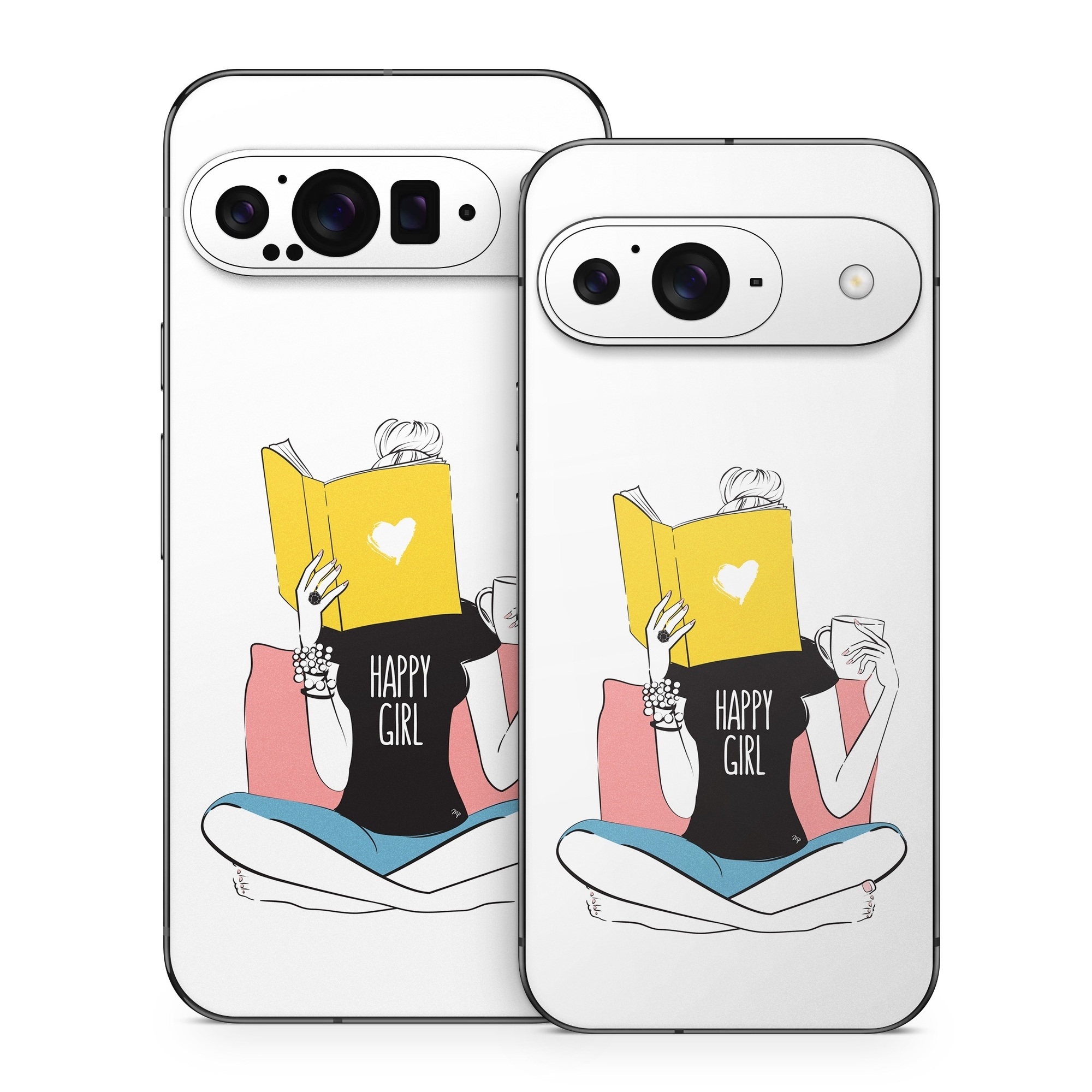 Google Pixel 9 Series Skin design of White, Sleeve, Gesture, Cartoon, Comfort, Elbow, Font, Graphics, Knee, Art, with white, black, blue, pink, yellow colors