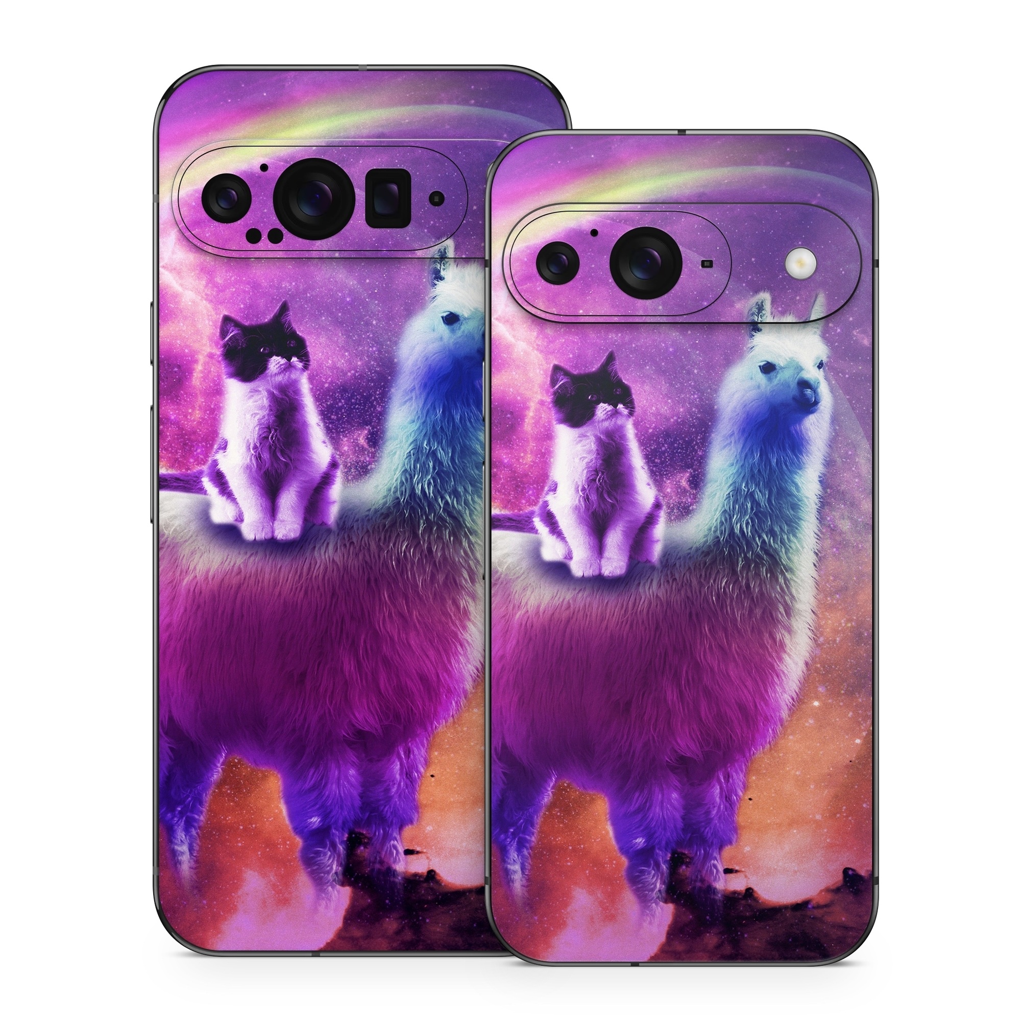 Google Pixel 9 Series Skin design of Llama, Purple, Camelid, Alpaca, Sky, Livestock, Space, with purple, white, blue, pink, yellow, black colors