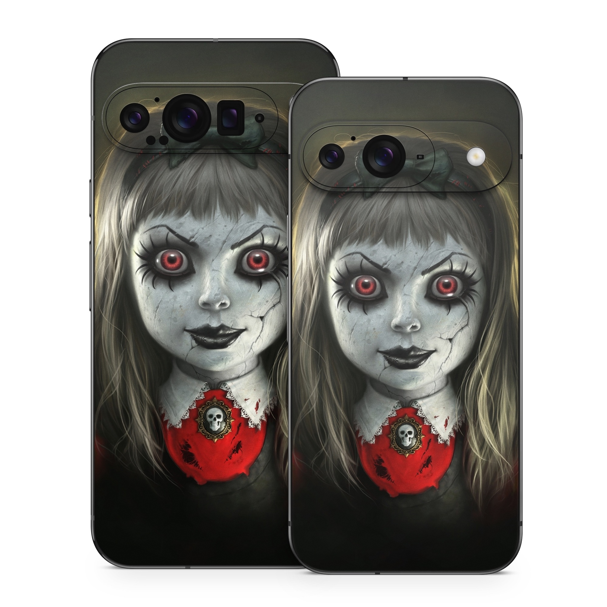 Google Pixel 9 Series Skin design of Fiction, Illustration, Fictional character, Ghost, Darkness, Vampire, Goth subculture, Zombie, Art, Skull, with white, red, black, yellow colors