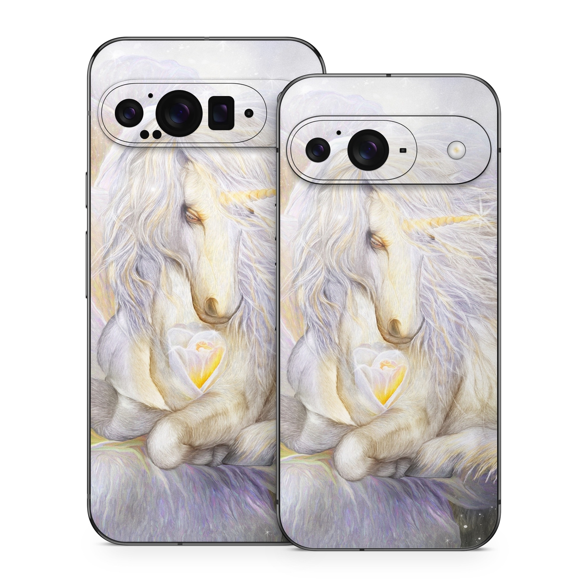 Google Pixel 9 Series Skin design of Fictional character, Mythical creature, Unicorn, Sky, Mythology, Supernatural creature, Illustration, with gray, black, green, pink, blue colors