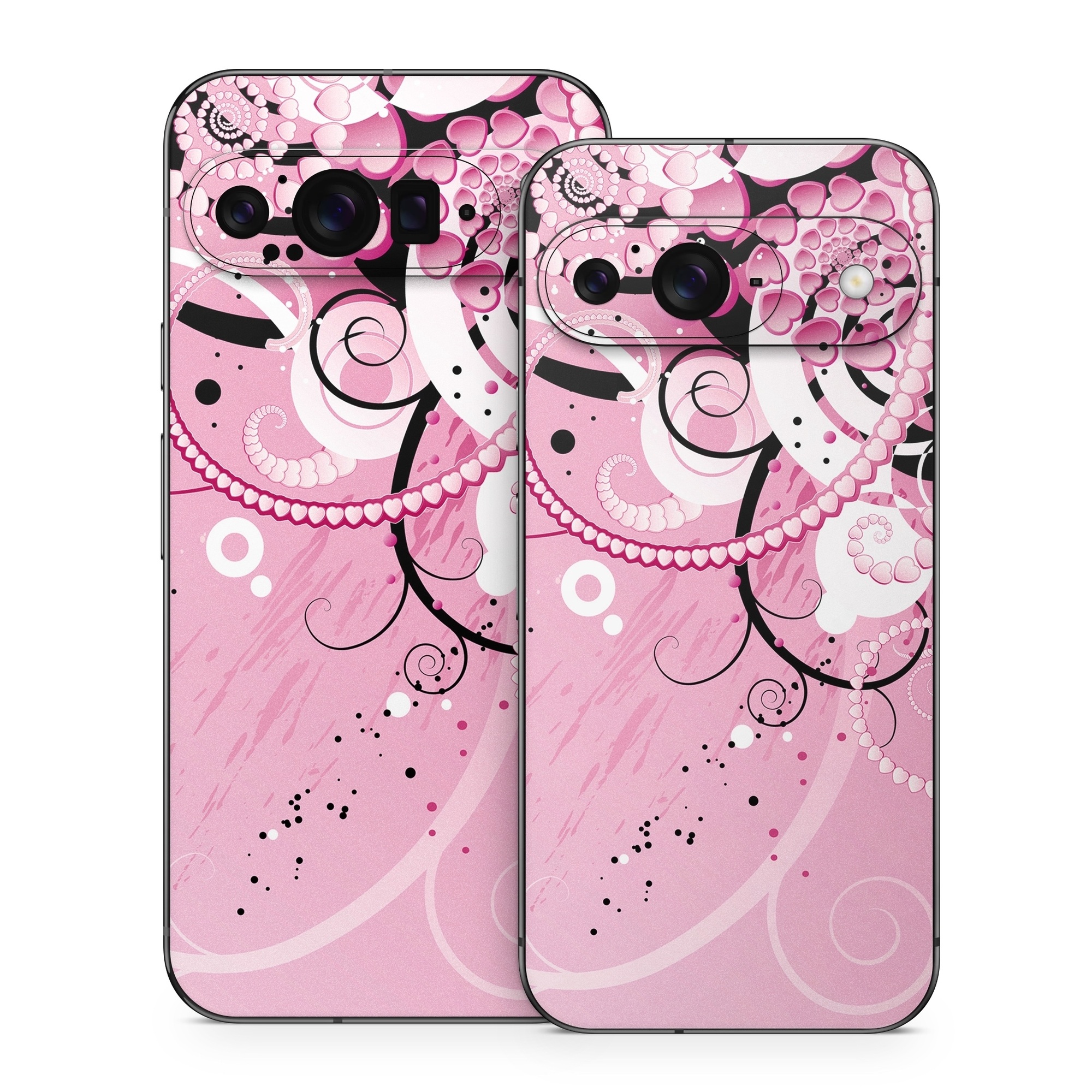 Google Pixel 9 Series Skin design of Pink, Floral design, Graphic design, Text, Design, Flower Arranging, Pattern, Illustration, Flower, Floristry, with pink, gray, black, white, purple, red colors