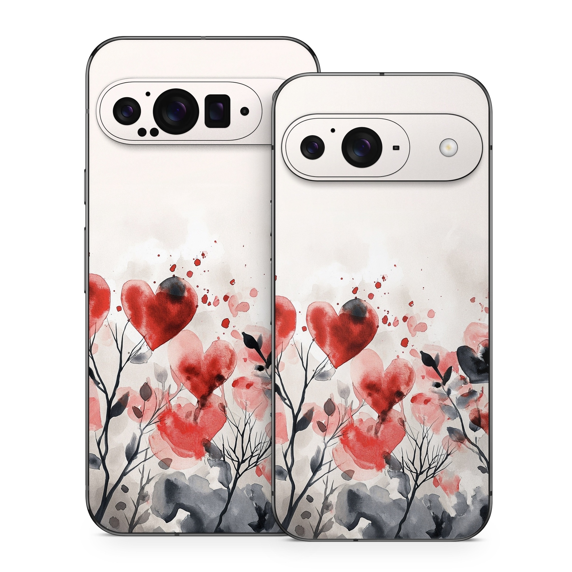 Google Pixel 9 Series Skin design of Flower, Plant, Petal, Sky, Natural landscape, Twig, Tree, Art, Painting, Flowering plant, with white, black, gray, red, pink colors