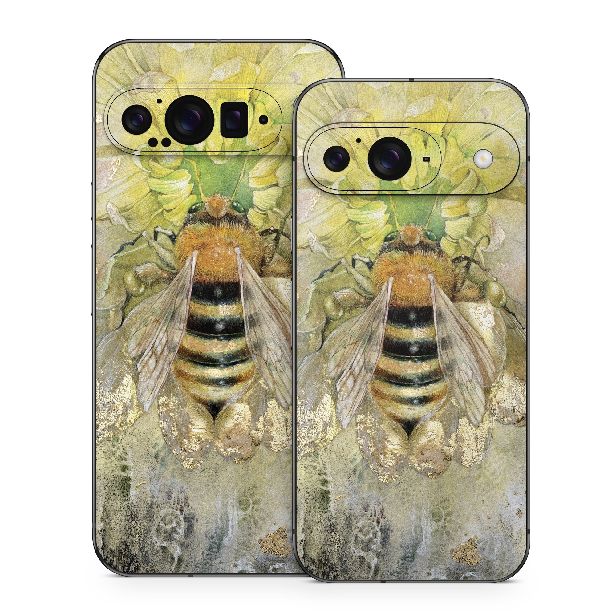 Google Pixel 9 Series Skin design of Honeybee, Insect, Bee, Membrane-winged insect, Invertebrate, Pest, Watercolor paint, Pollinator, Illustration, Organism, with yellow, orange, black, green, gray, pink colors