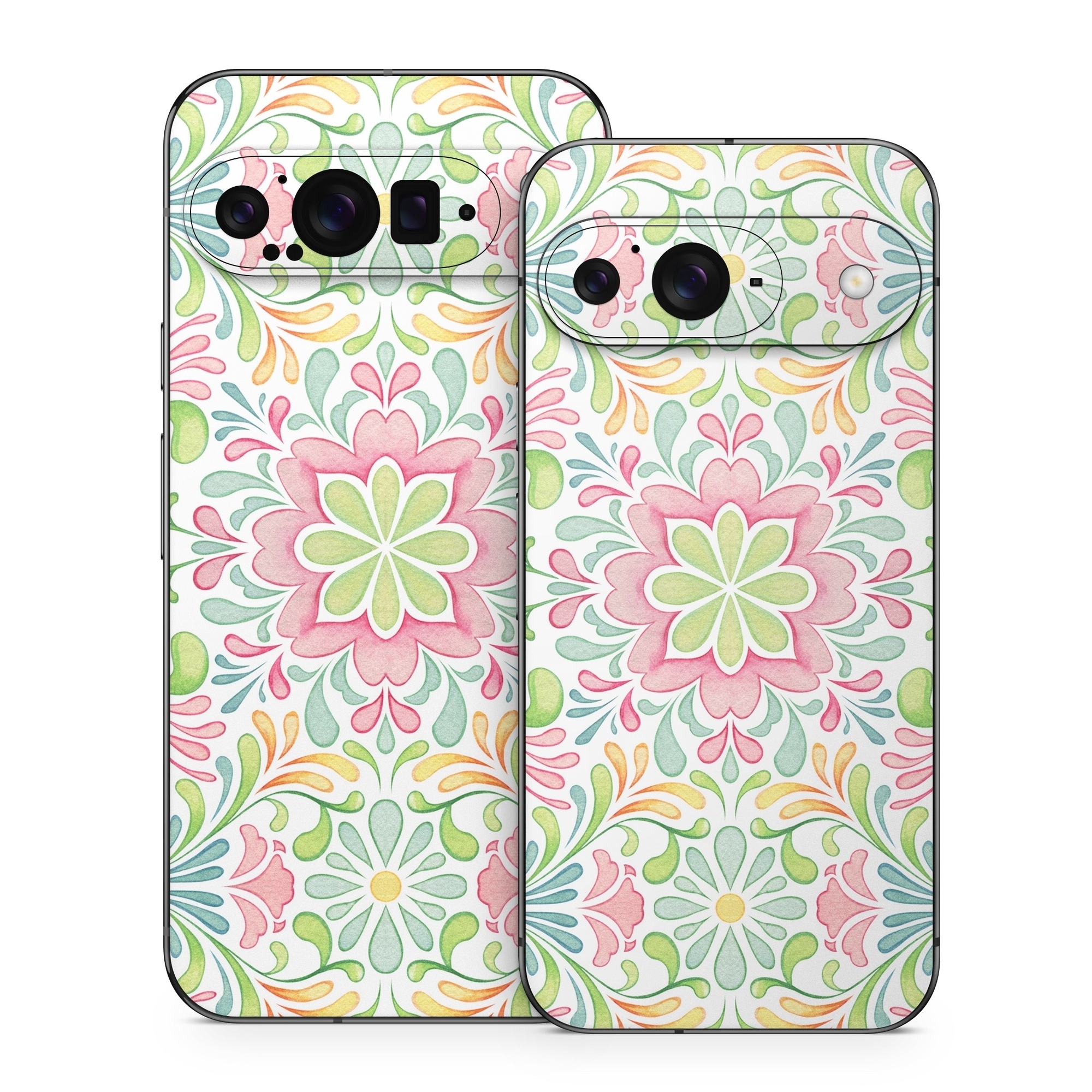 Google Pixel 9 Series Skin design of Pattern, Pink, Visual arts, Design, Textile, Wrapping paper, Symmetry, Floral design, Motif, with gray, white, pink, green colors