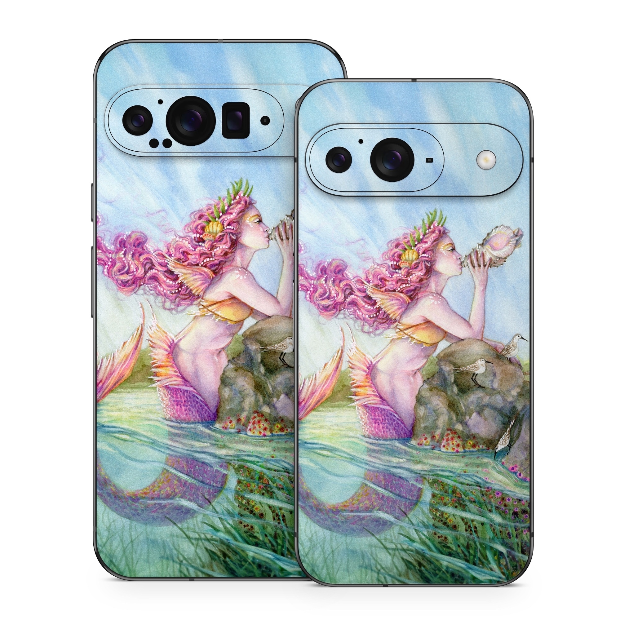 Google Pixel 9 Series Skin design of Cg artwork, Mythology, Illustration, Fictional character, Watercolor paint, Art, Painting, Plant, Mythical creature, with blue, pink, purple, green, gray colors