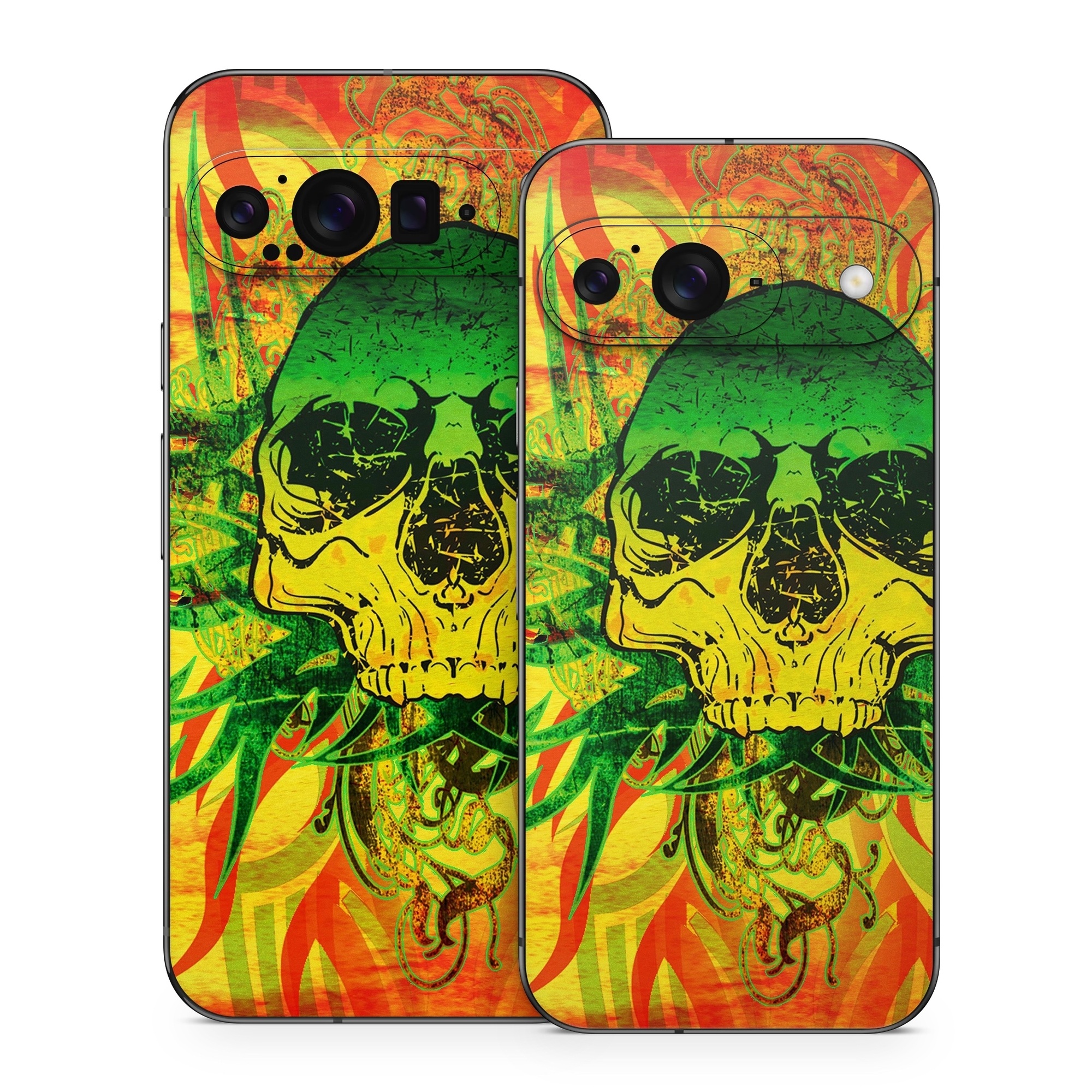 Google Pixel 9 Series Skin design of Psychedelic art, Skull, Illustration, Bone, Art, Graphic design, Visual arts, Poster, Plant, Painting, with green, orange, black, red colors
