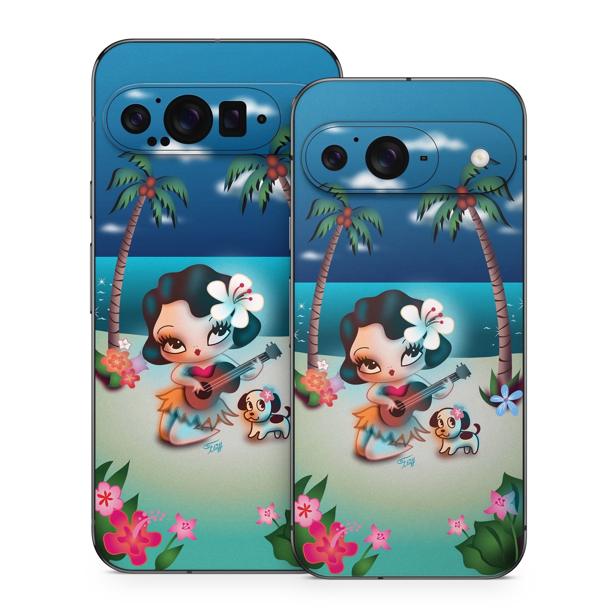 Google Pixel 9 Series Skin design of Cartoon, Animated cartoon, Illustration, Animation, Fictional character, Plant, Art, Clip art, with blue, white, brown, pink, green, yellow, red colors