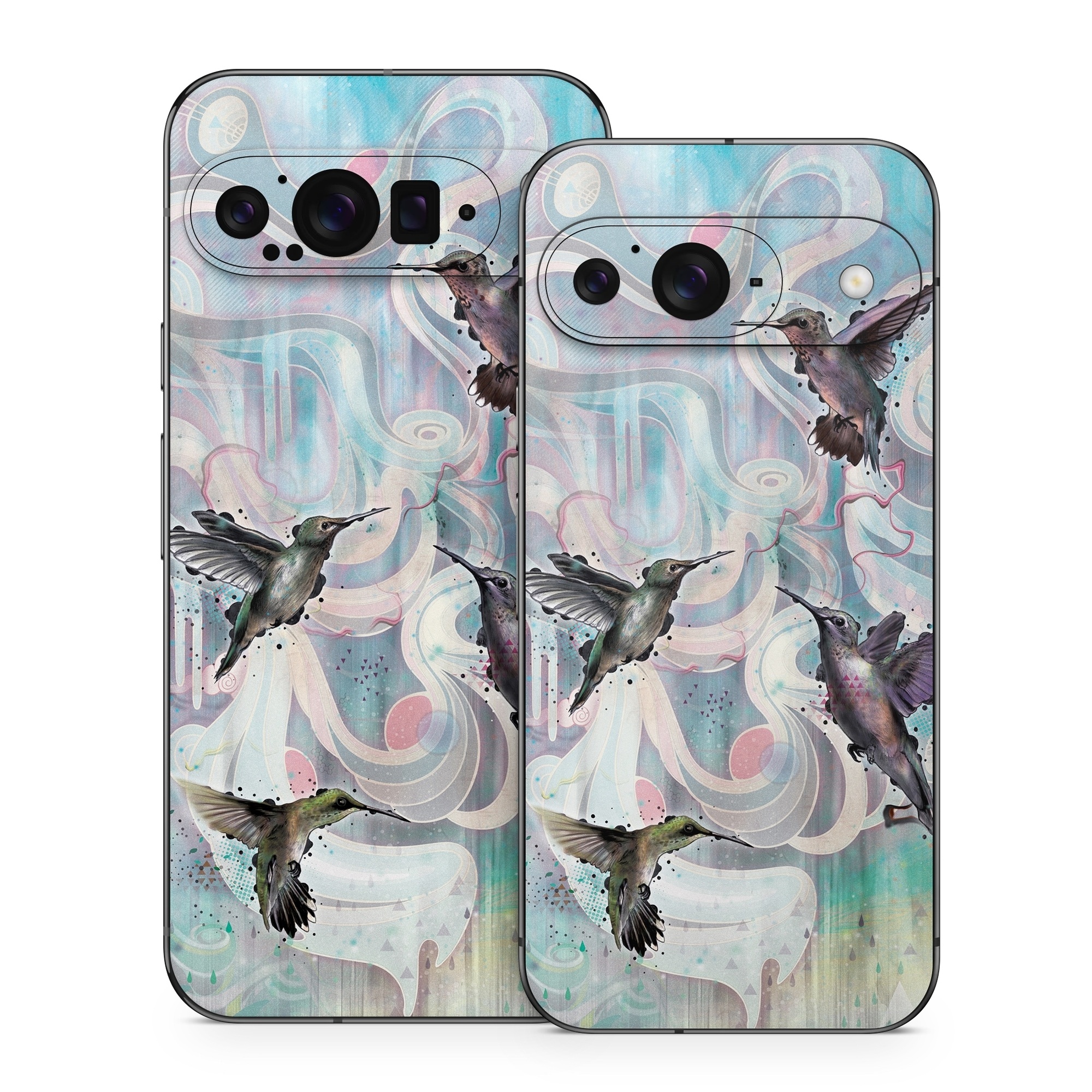 Google Pixel 9 Series Skin design of Bird, Watercolor paint, Illustration, Hummingbird, Painting, Art, Wing, Fictional character, Acrylic paint, Perching bird, with gray, blue, black colors