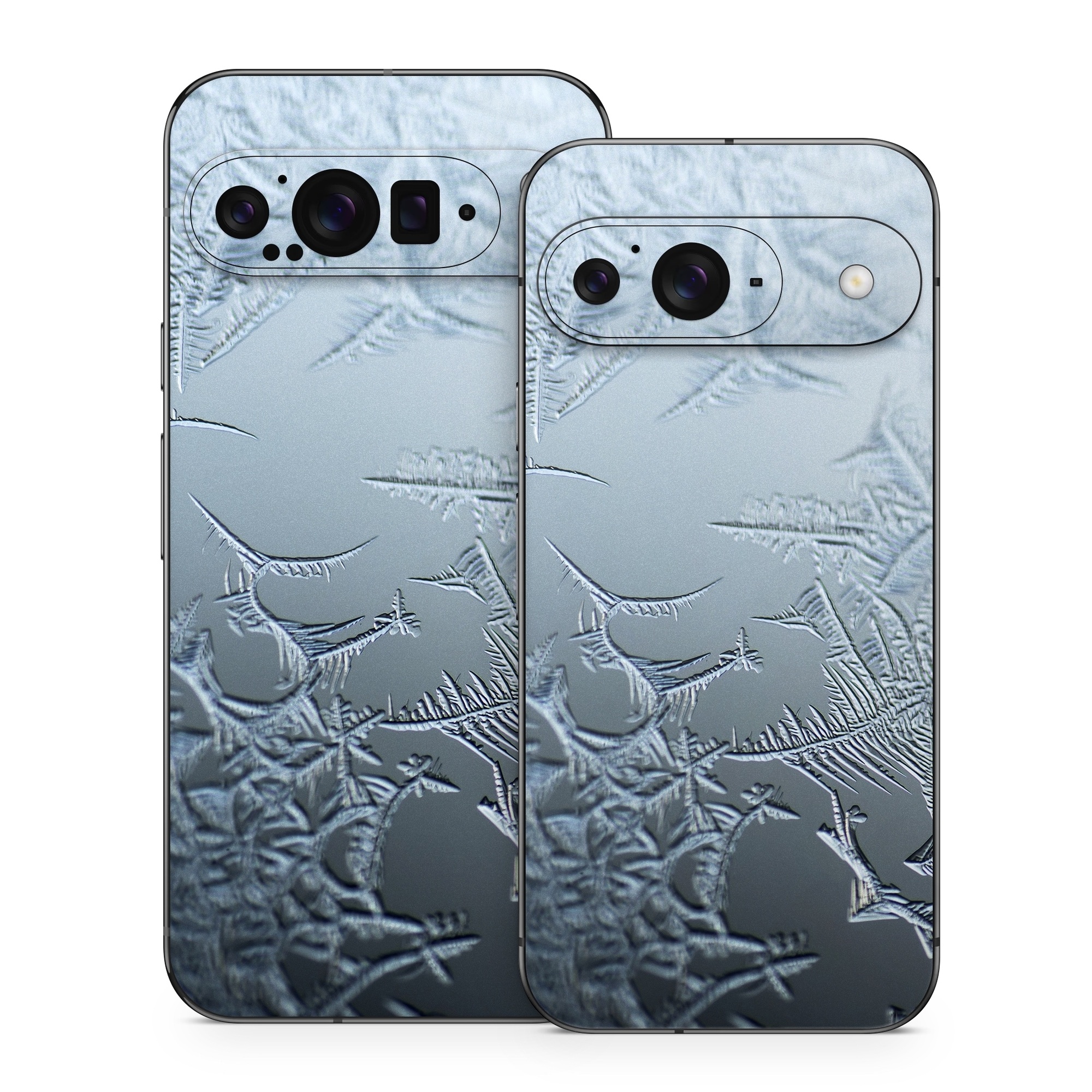 Google Pixel 9 Series Skin design of Water, Frost, Freezing, Winter, Pattern, Ice, Sky, Atmosphere, Design, Reflection, with blue, gray, white, black colors