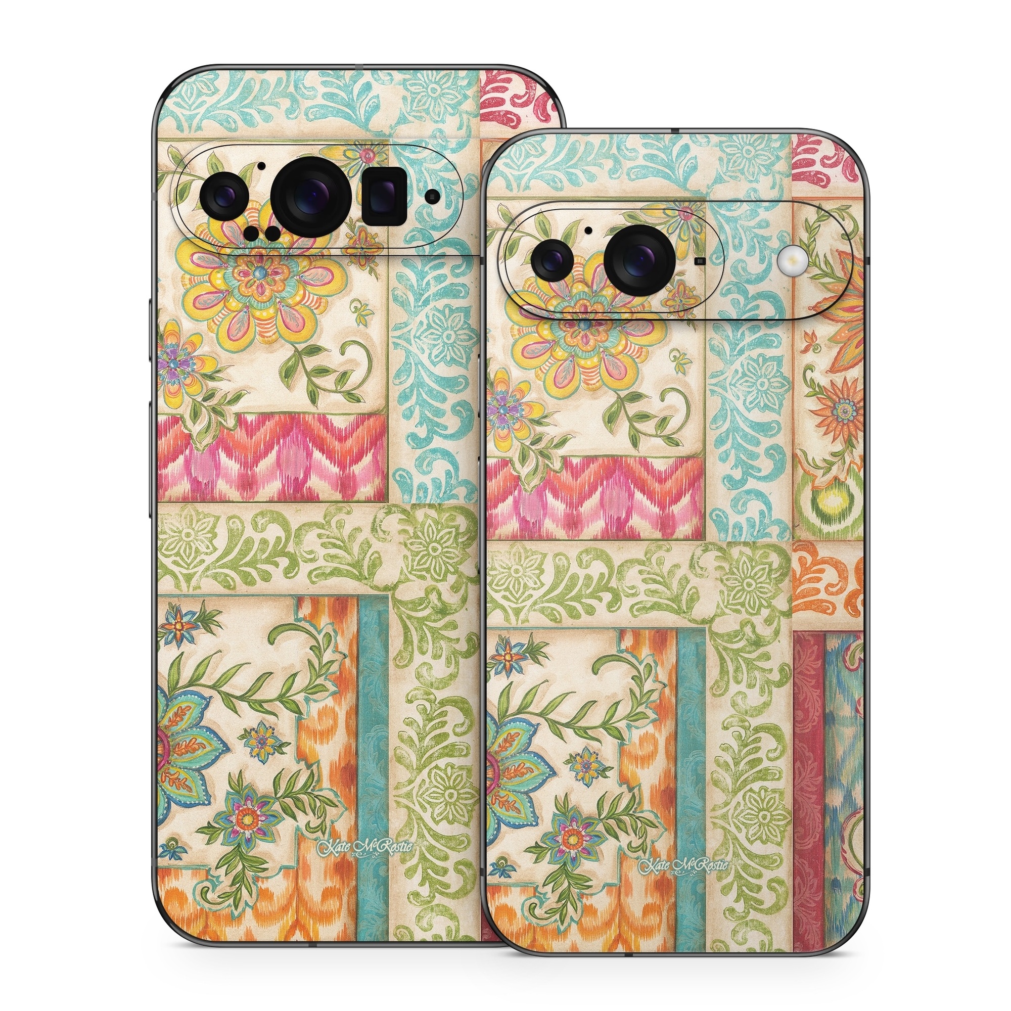 Google Pixel 9 Series Skin design of Flower, Rectangle, Plant, Botany, Textile, Aqua, Art, Pattern, Symmetry, Motif, with red, orange, green, blue, pink, yellow colors