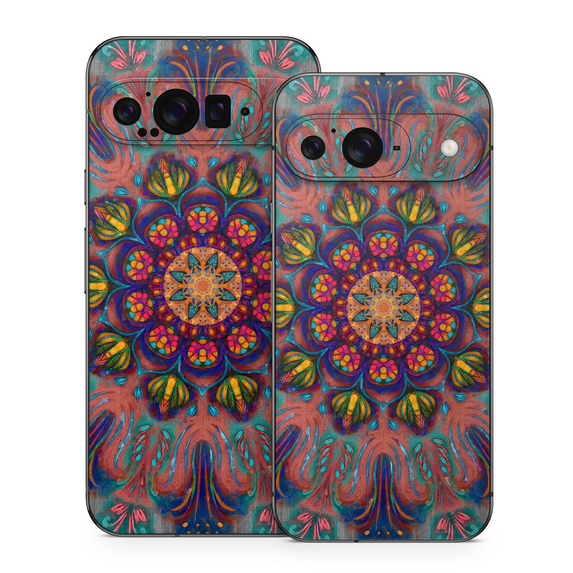 Google Pixel 9 Series Skin design of Psychedelic art, Pattern, Art, Textile, Symmetry, Visual arts, Design, Fractal art, Kaleidoscope, Tapestry, with blue, yellow, red, green, pink, green colors