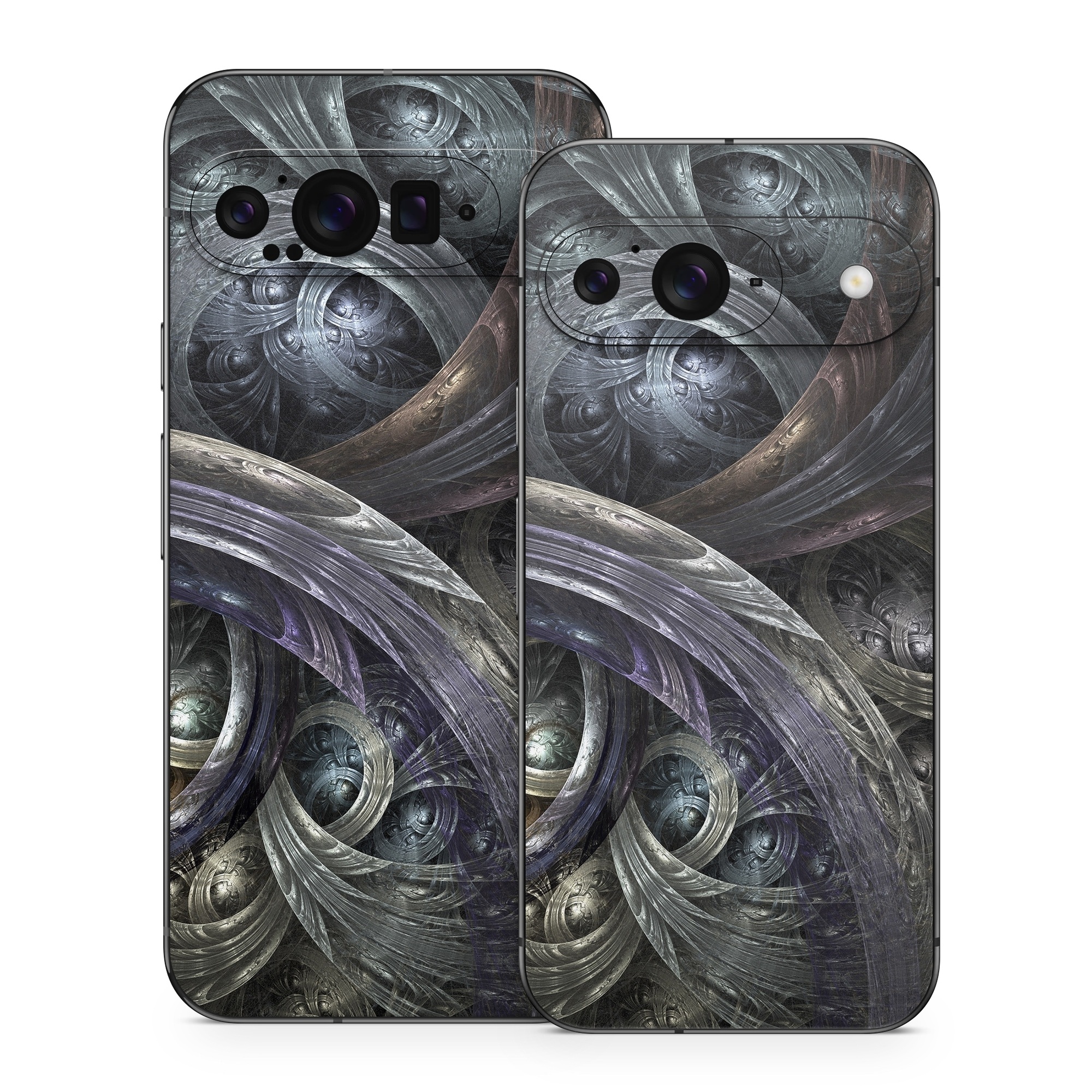 Google Pixel 9 Series Skin design of Fractal art, Graphic design, Art, Cg artwork, Darkness, Circle, Pattern, Illustration, Graphics, Metal, with black, gray, blue colors