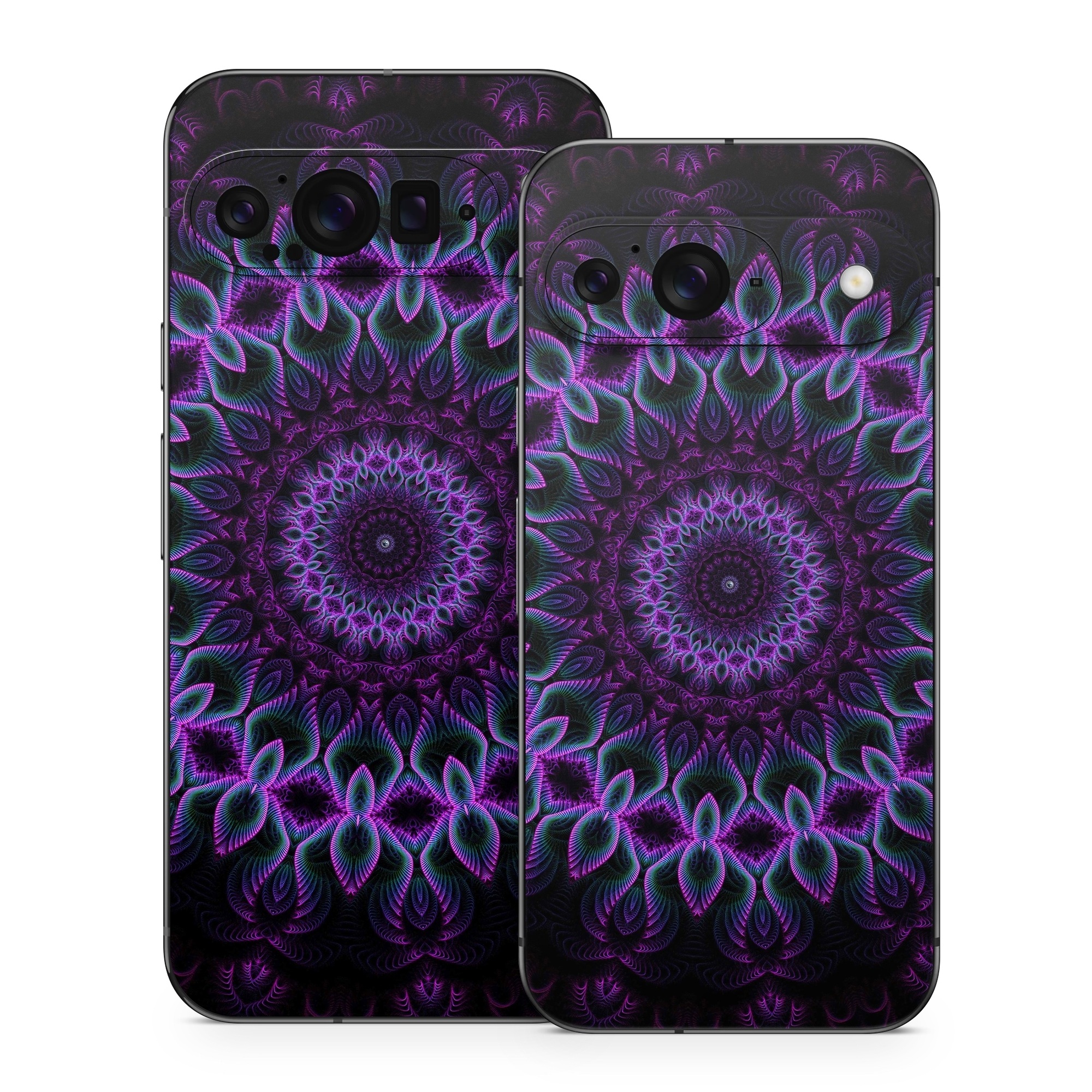 Google Pixel 9 Series Skin design of Colorfulness, Pattern, Purple, Violet, Magenta, Red, Pink, Art, Fractal Art, Visual Arts, Design, Circle, Symmetry, Psychedelic Art, Motif, Kaleidoscope, Graphics, with black, purple, blue, white colors