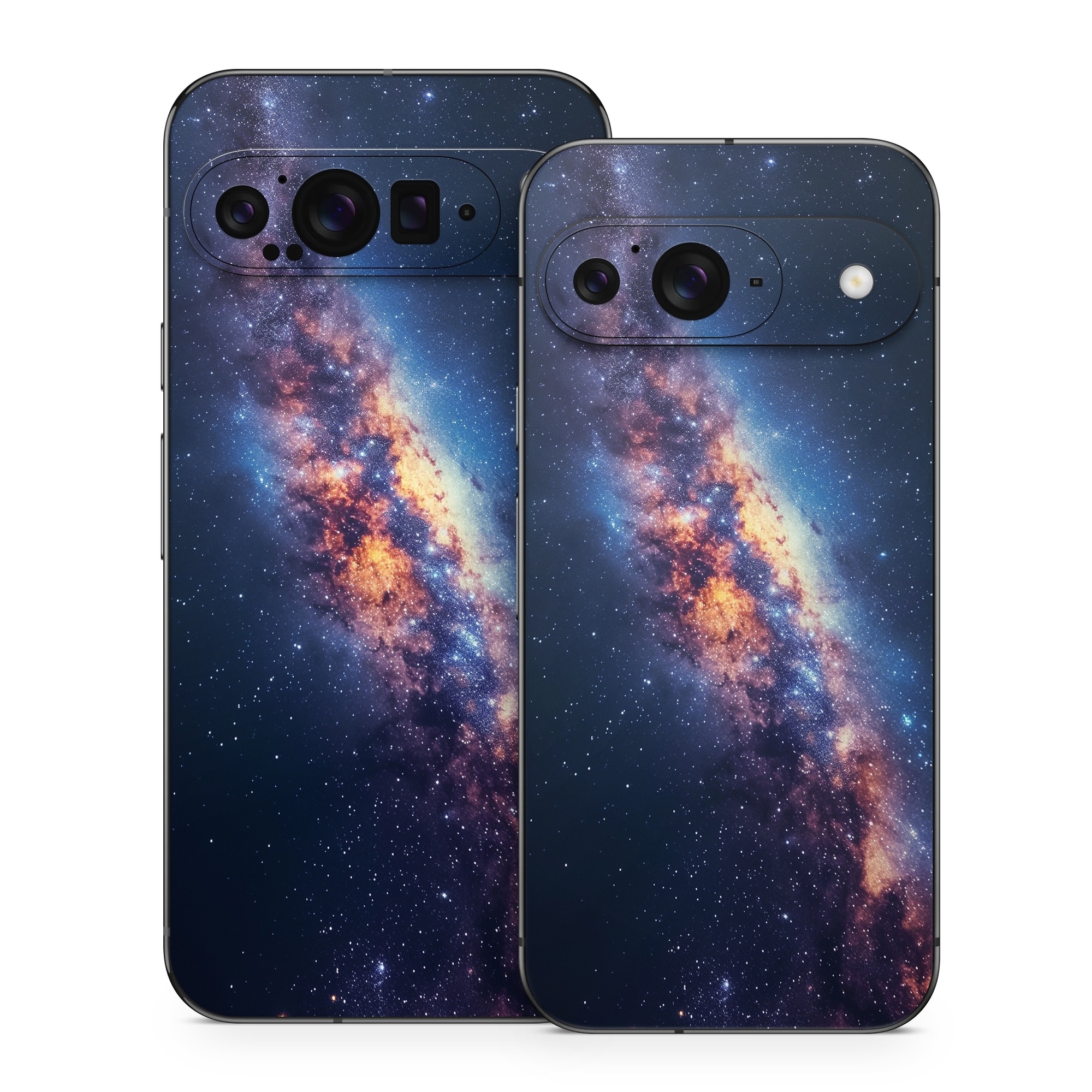 Google Pixel 9 Series Skin design of Atmosphere, Sky, Nature, World, Nebula, Galaxy, Astronomical object, Atmospheric phenomenon, Milky way, Star, with black, blue, white, yellow, orange, red, purple, gray colors