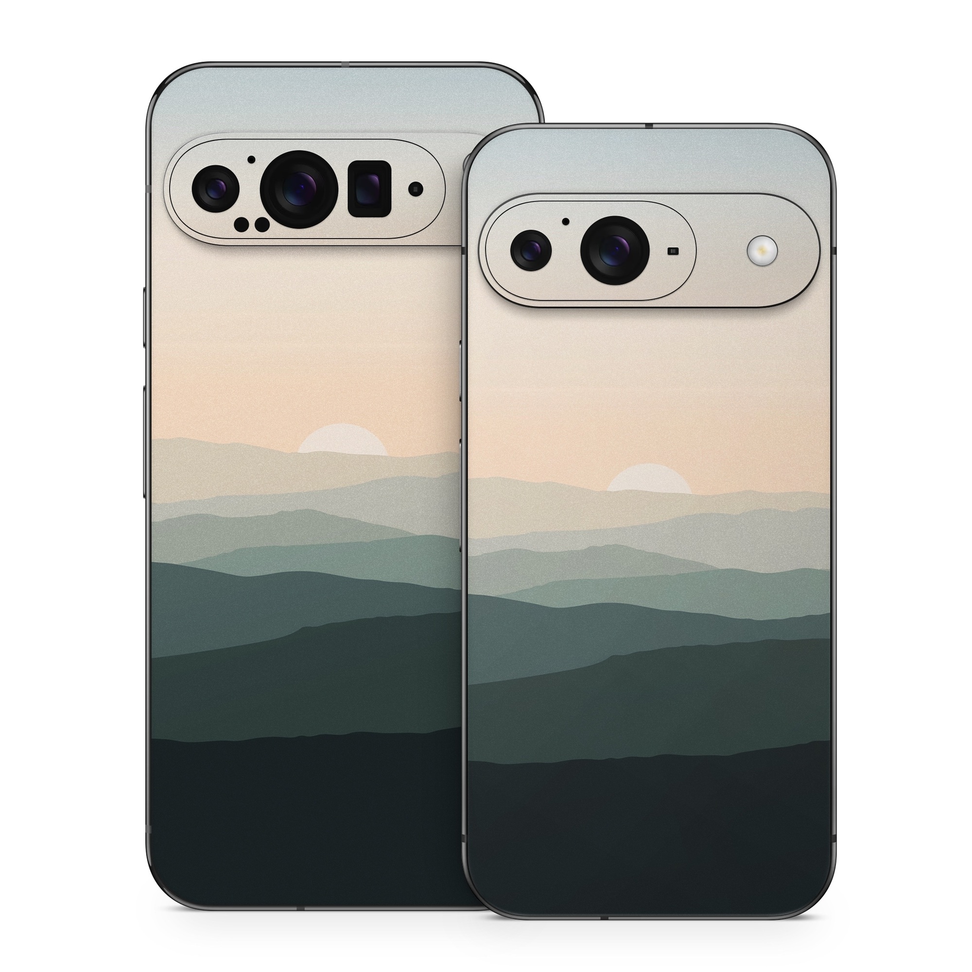 Google Pixel 9 Series Skin design of Sky, Mountain, Afterglow, Cloud, Highland, Dusk, Sunrise, Landscape, Sunset, Cumulus, with black, gray, white, orange, yellow colors