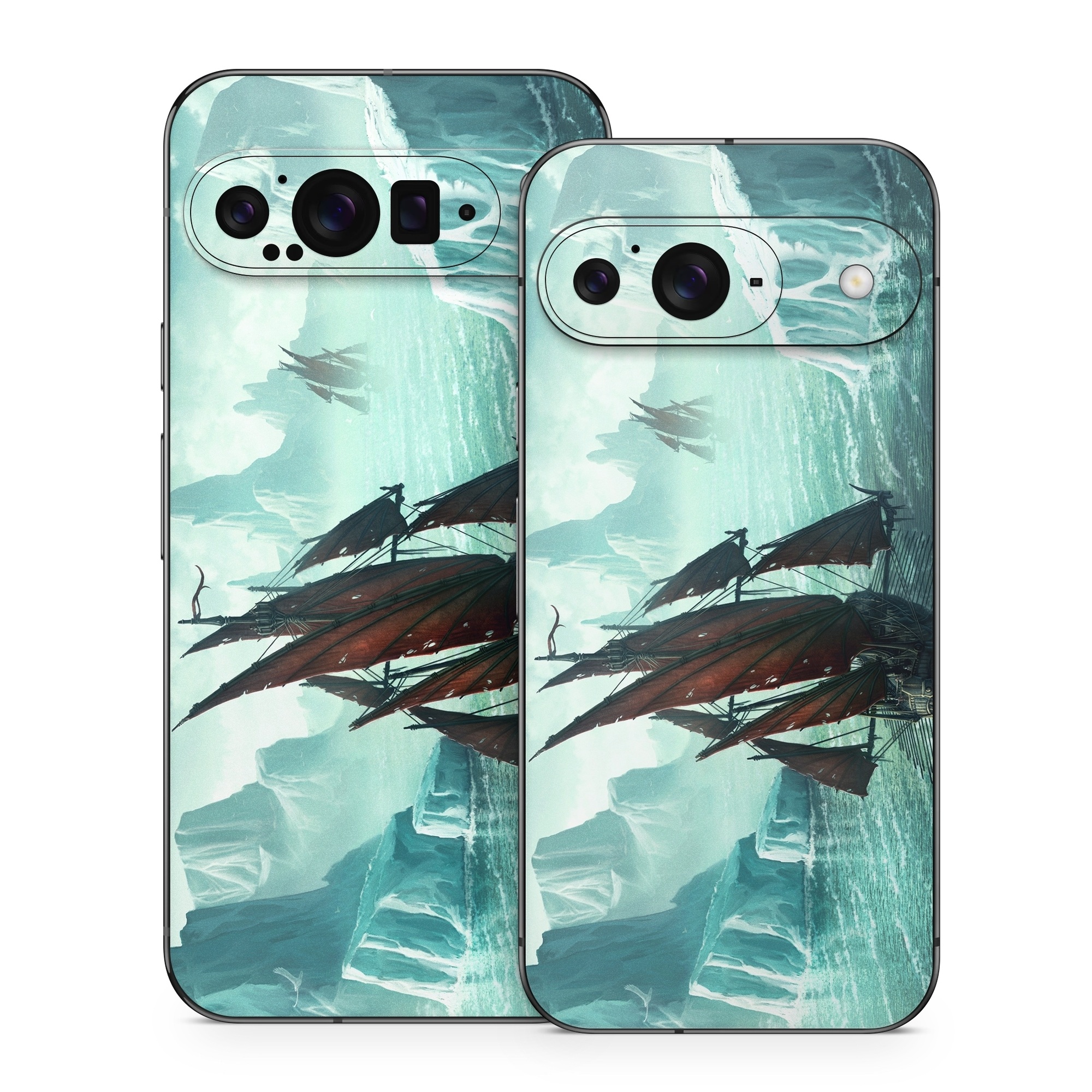 Google Pixel 9 Series Skin design of Cg artwork, Vehicle, Ghost ship, Manila galleon, Fluyt, Adventure game, First-rate, Sailing ship, Mythology, Strategy video game, with gray, black, blue, green, white colors