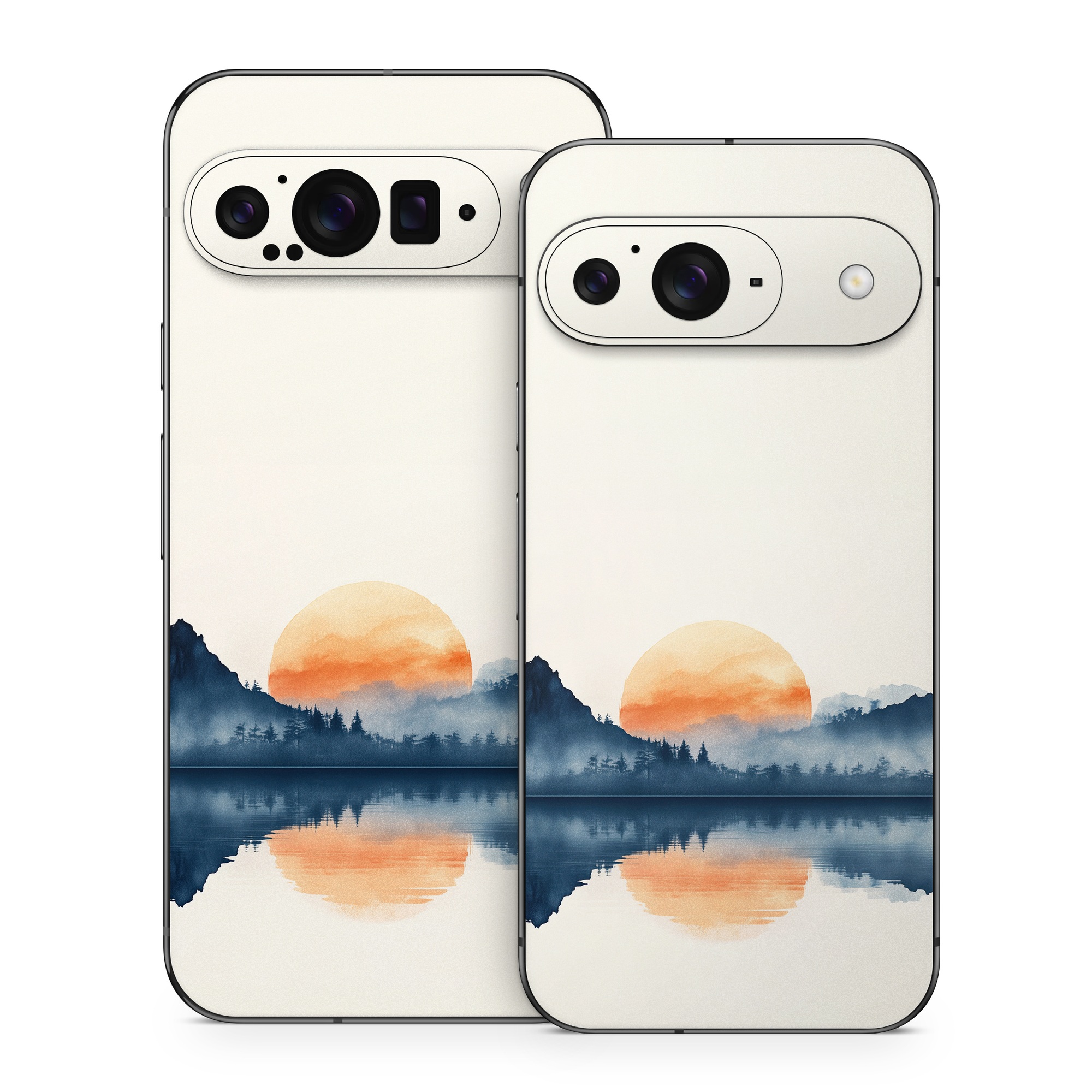 Google Pixel 9 Series Skin design of Water, Water resources, Sky, Mountain, Natural landscape, Lake, Atmospheric phenomenon, Landscape, Horizon, Afterglow, with black, blue, white, gray, yellow, orange, red colors