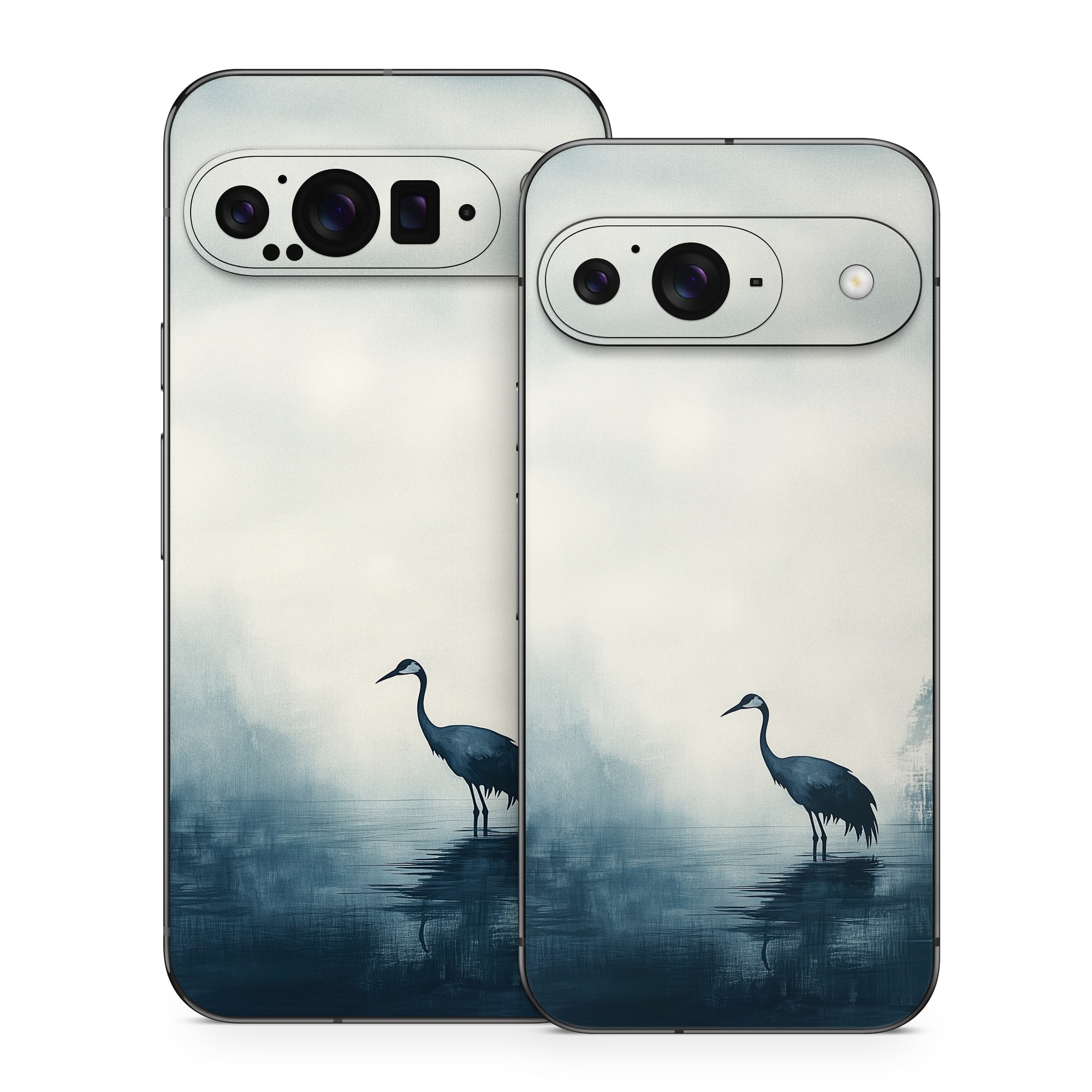 Google Pixel 9 Series Skin design of Bird, Water, Beak, Feather, Natural landscape, Pelecaniformes, Sky, Wing, Water bird, Heron, with black, blue, white, gray colors