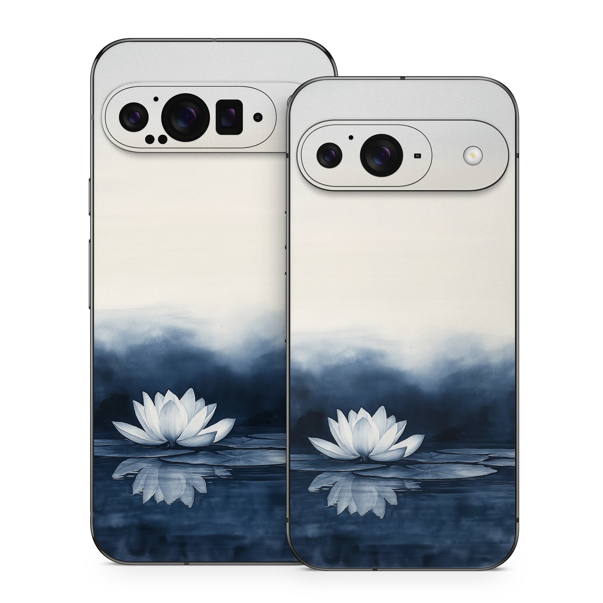 Google Pixel 9 Series Skin design of Water, Flower, Plant, Liquid, Lotus, Sky, Nature, Petal, Fluid, Sacred lotus, with black, blue, white, gray colors