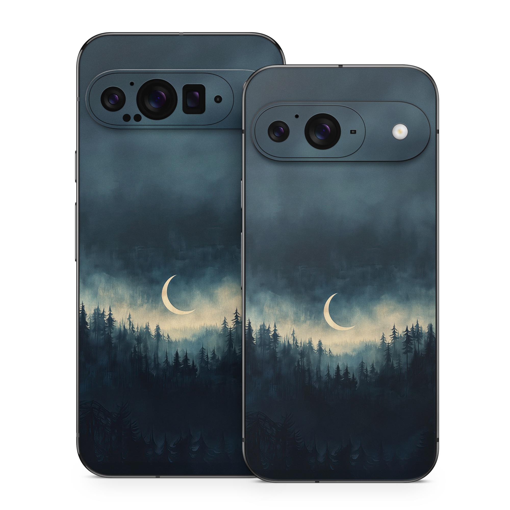 Google Pixel 9 Series Skin design of Cloud, Sky, Atmosphere, Moon, Ecoregion, Crescent, Natural landscape, Tree, Plant, Dusk, with black, blue, white, gray colors