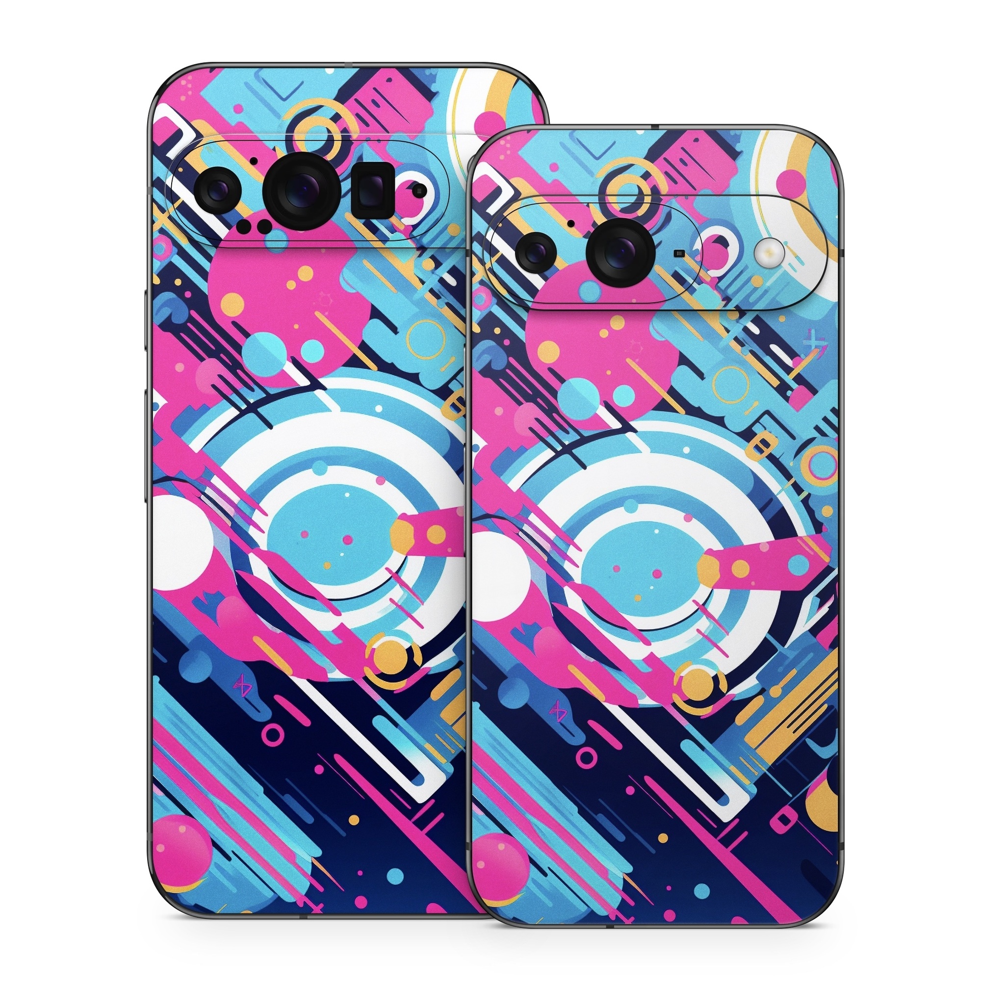 Google Pixel 9 Series Skin design of Colorfulness, Font, Line, Material property, Art, Magenta, Pattern, Electric blue, Circle, Graphics, with blue, pink, black, white, orange colors