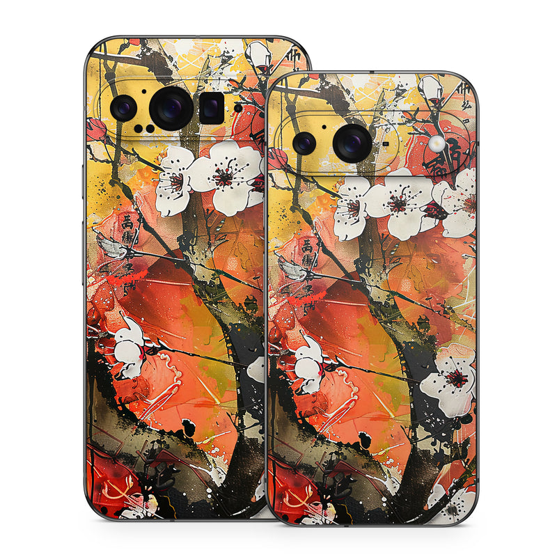 Google Pixel 9 Series Skin design of Yellow, Orange, Visual arts, Pink, Twig, Blossom, Creative arts, Paint, Floral design, Modern art, with yellow, red, white, black, brown, gray, pink colors