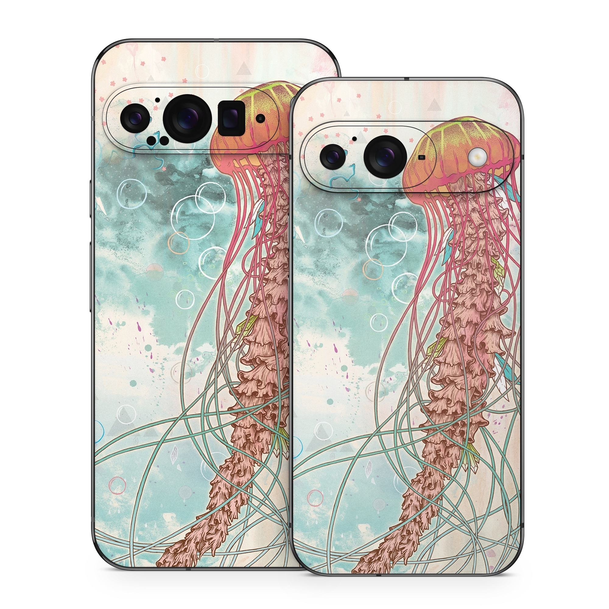 Google Pixel 9 Series Skin design of Jellyfish, Illustration, Water, Cnidaria, Marine invertebrates, Organism, Portuguese man o' war, Art, Nepenthes, Invertebrate, with gray, pink, yellow, red, green colors