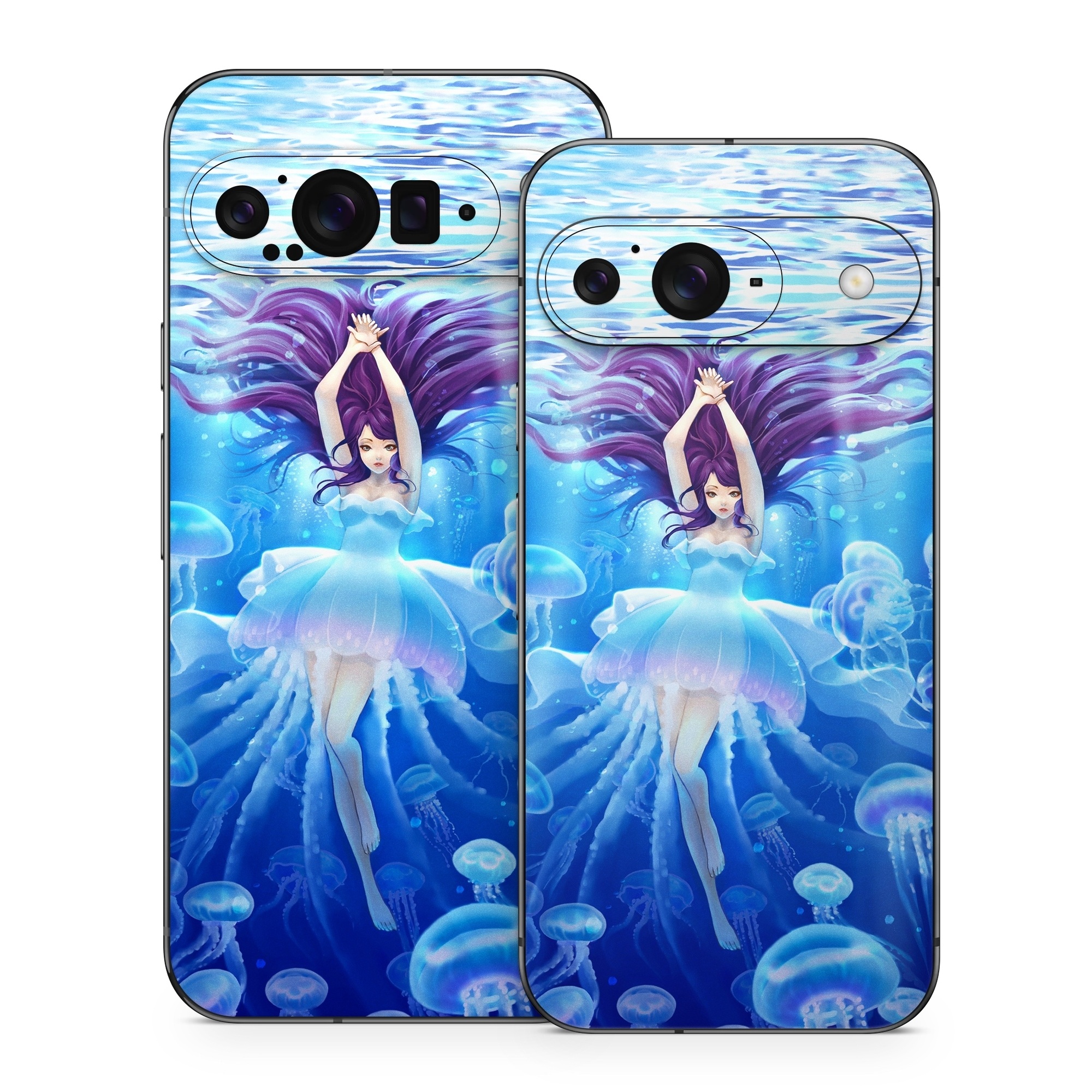 Google Pixel 9 Series Skin design of Jellyfish, Cnidaria, Organism, Marine biology, Marine invertebrates, Water, Bioluminescence, Illustration, Electric blue, Fictional character, with blue, purple, gray colors