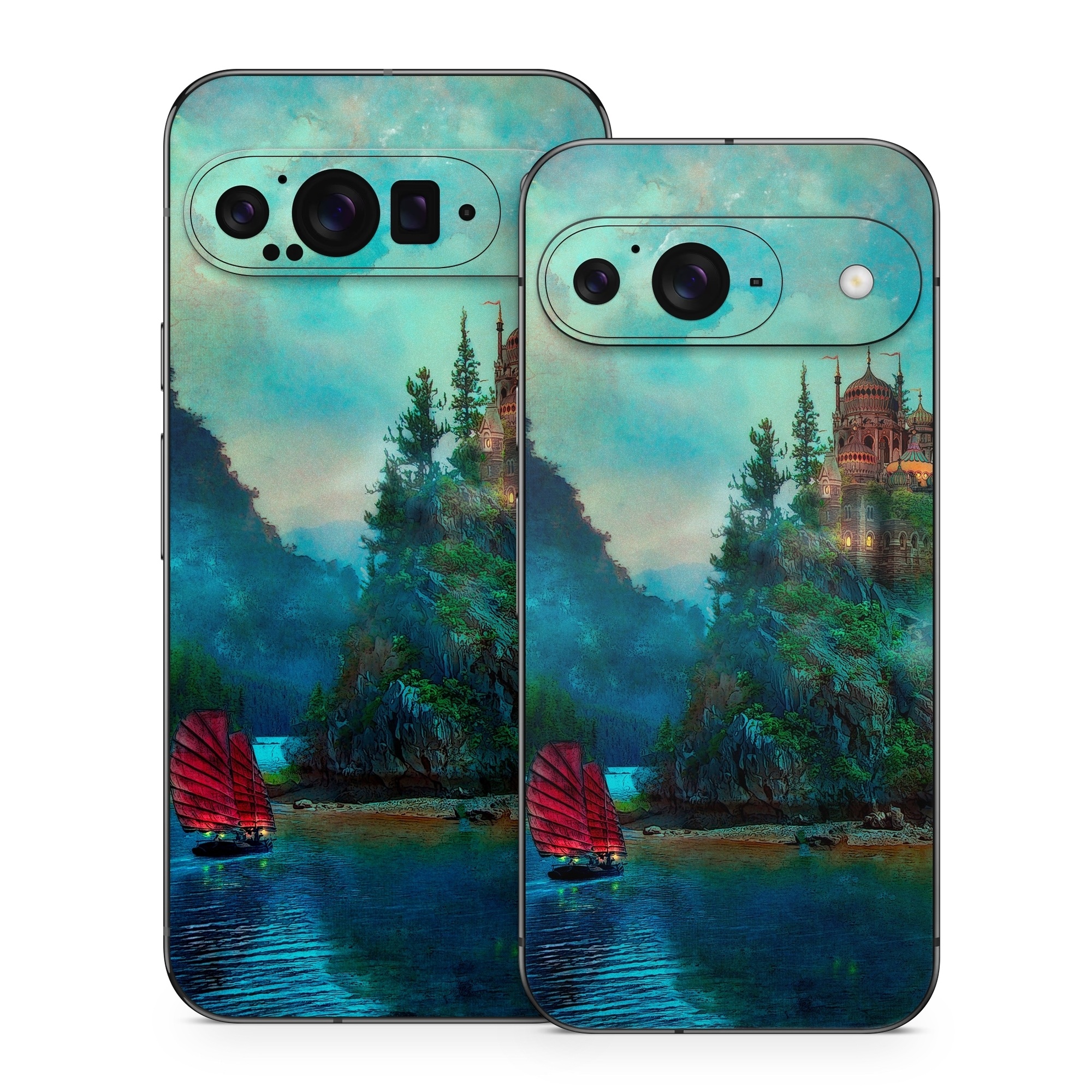 Google Pixel 9 Series Skin design of Nature, Natural landscape, Sky, Painting, Landscape, Illustration, Watercolor paint, Art, Calm, Water castle, with black, gray, blue, green colors