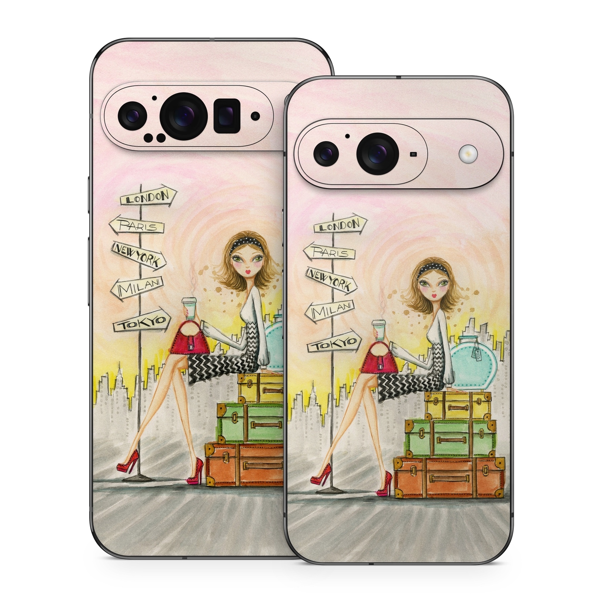 Google Pixel 9 Series Skin design of Cartoon, Illustration, Art, Watercolor paint, with gray, pink, green, red, black colors