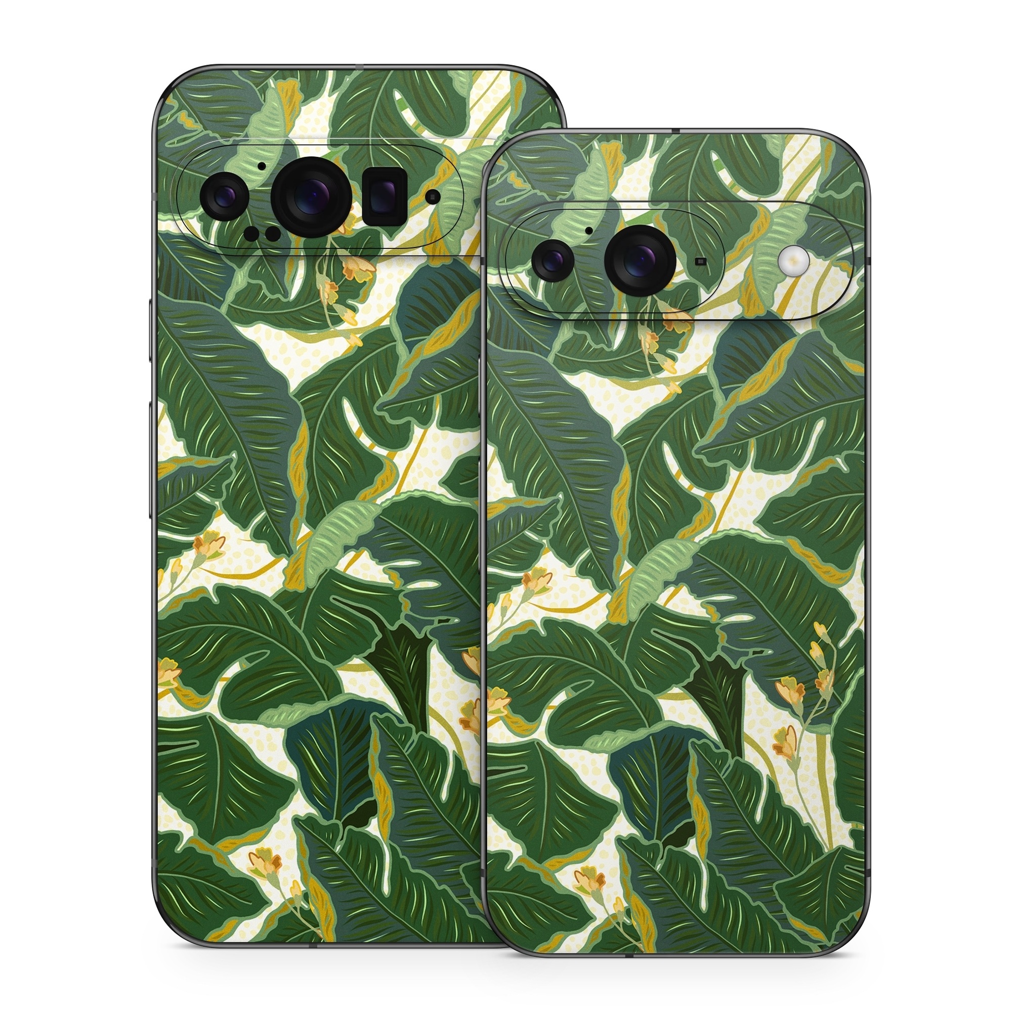 Google Pixel 9 Series Skin design of Leaf, Plant, Flower, Pattern, Botany, Tree, Design, Flowering plant, Arrowroot family, Terrestrial plant, with green, yellow colors