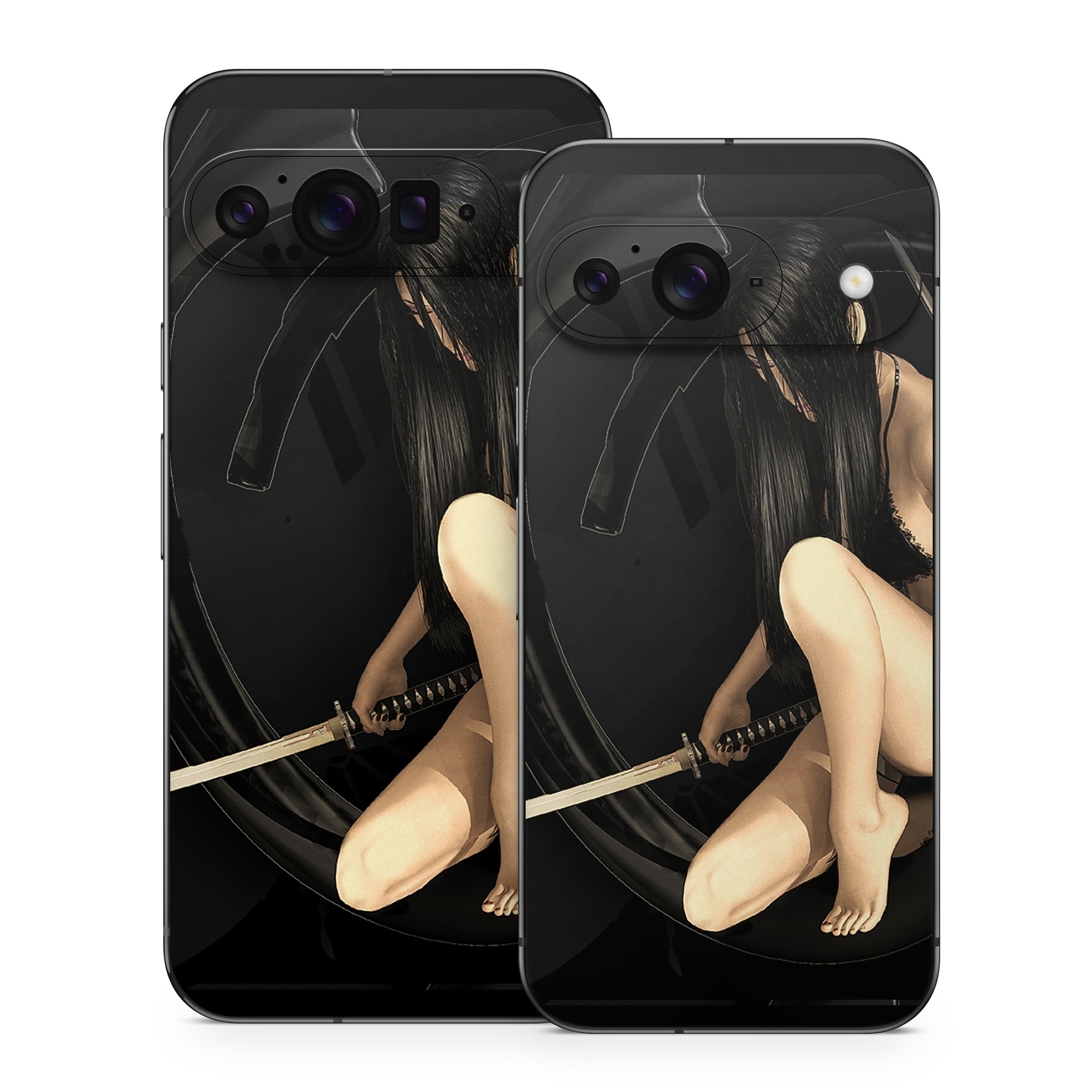 Google Pixel 9 Series Skin design of Black, Photography, Leg, Black hair, Cg artwork, Darkness, Fetish model, Sitting, Flash photography, with black, yellow, gray, white colors