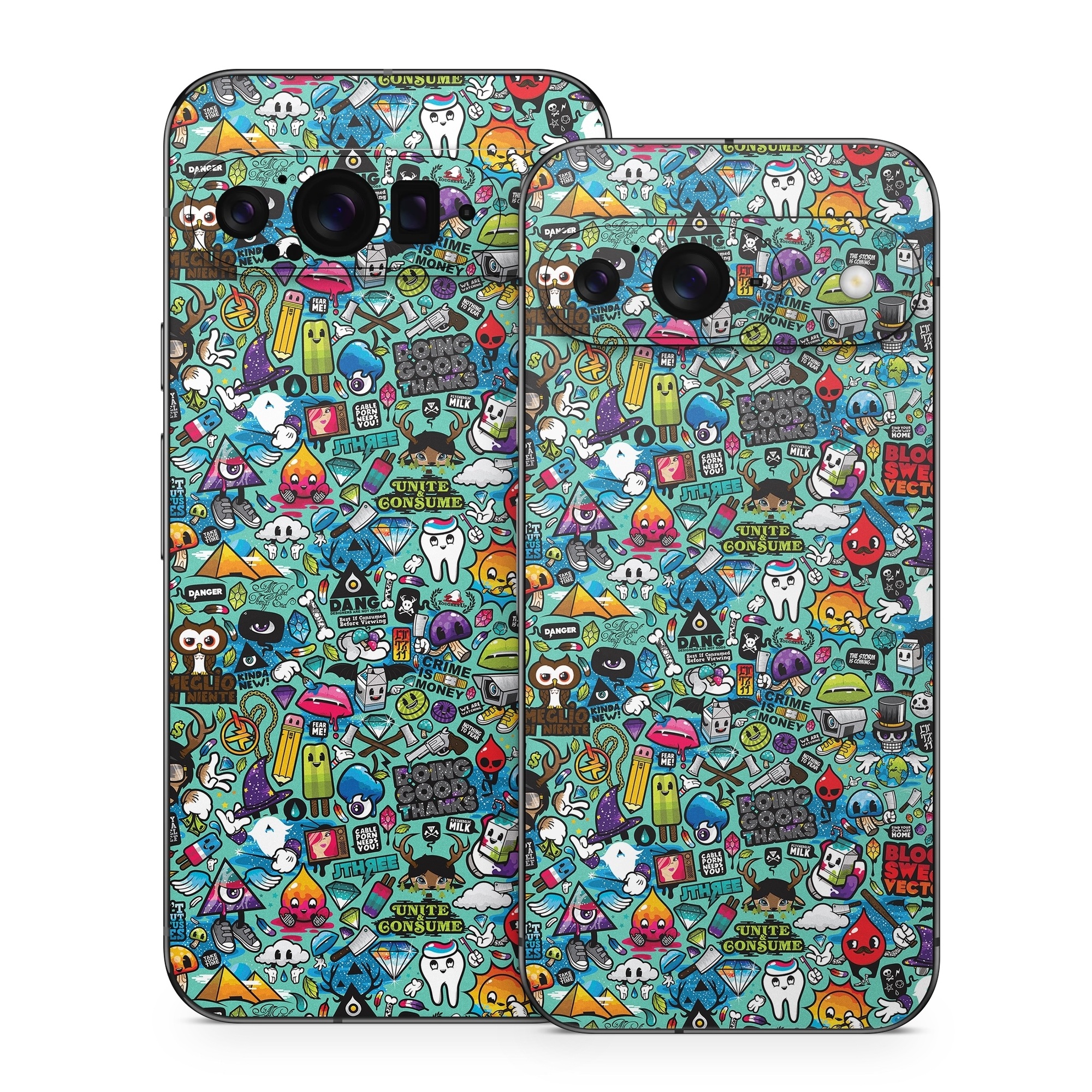 Google Pixel 9 Series Skin design of Cartoon, Art, Pattern, Design, Illustration, Visual arts, Doodle, Psychedelic art, with black, blue, gray, red, green colors